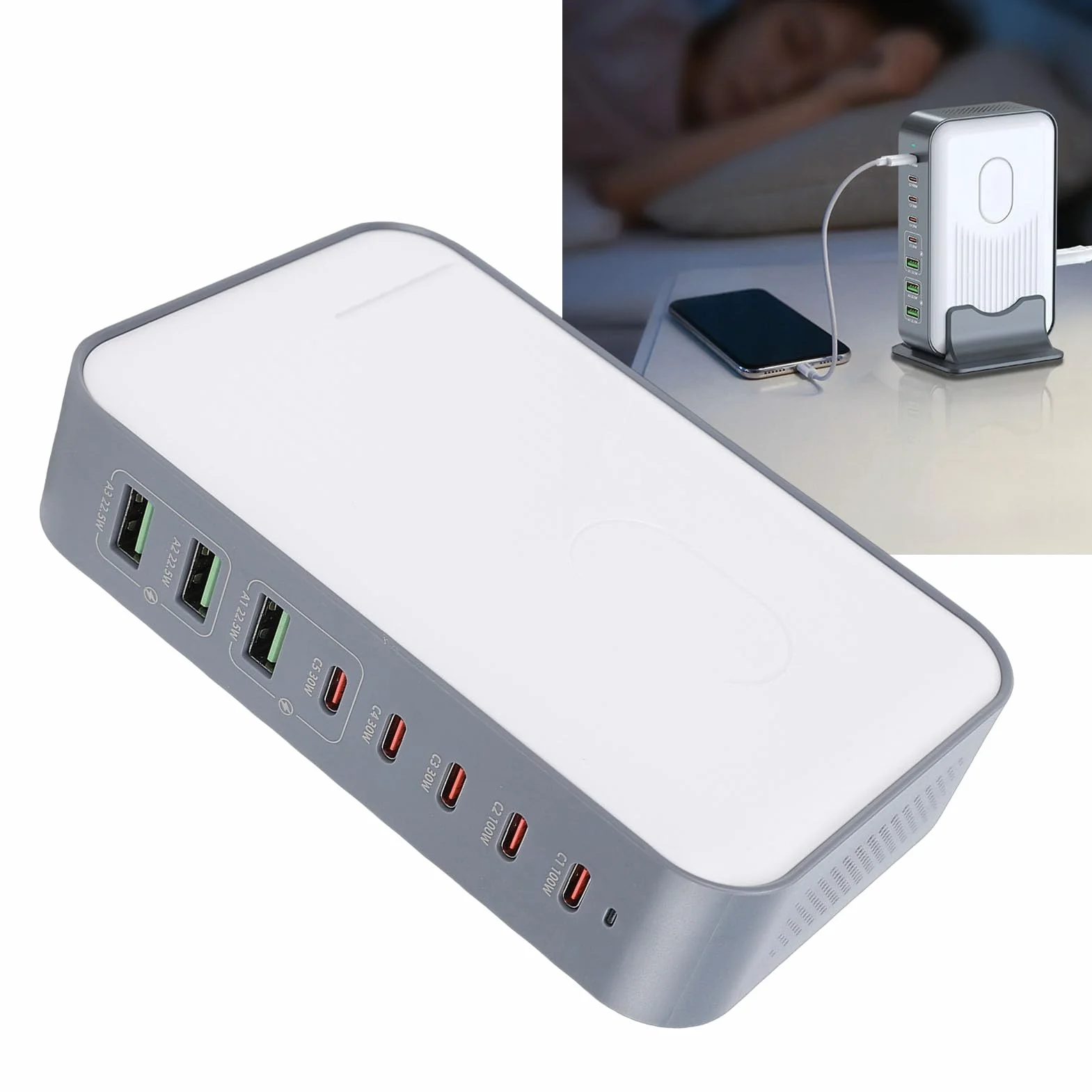 Sxhlseller 8-portowa Stacja ładująca USB z Szybkim ładowaniem PD 100 W |Podwójne ładowanie Laptopa, 200 W, Stabilna Podstawa W Kształcie Litery U do Telefonów, Tabletów i Nie Tylko (wtyczka UE)