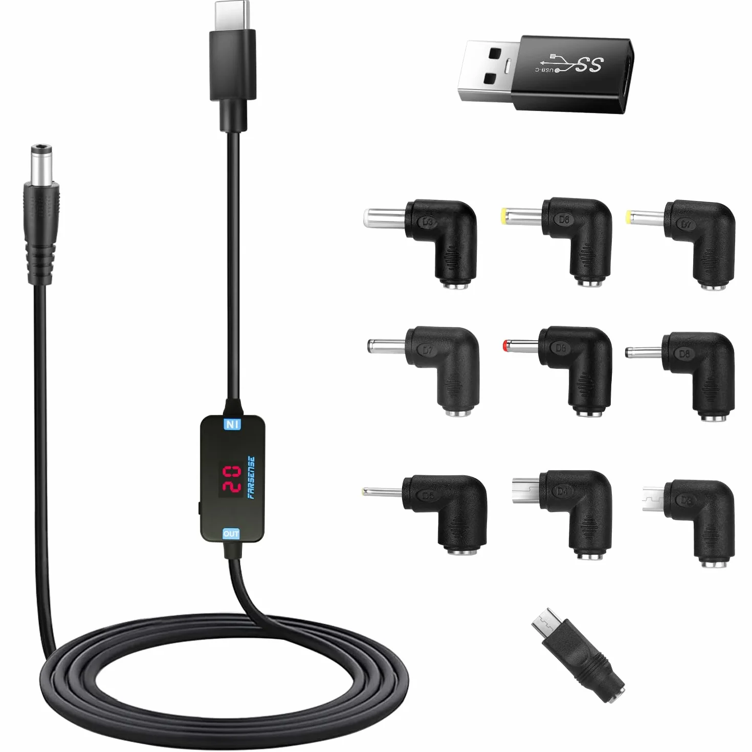 FARSENSE Adapter USB C na DC, kabel wyzwalający PD (1,5 m) z 10 końcówkami Connecor, kabel zasilający USB na DC może przełączać napięcie poprzez naciśnięcie klawisza i obsługuje napięcie wyświetlacza