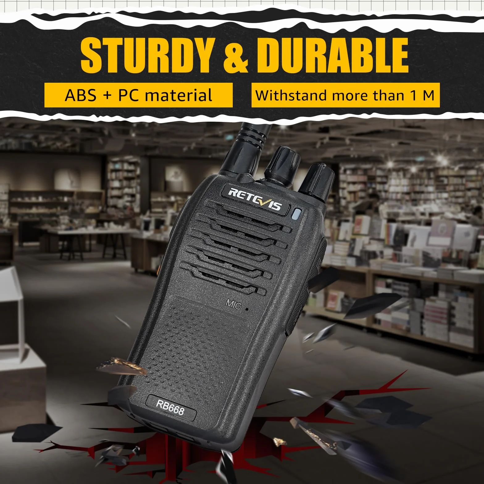Retevis RB668 Walkie Talkie, Profesjonalne Krótkofalówka Akumulatorem 1200 mAh, Alarm Awaryjny PMR446, Blokada Szumów Latarki LED, Walkie-Talkie bez Użycia Rąk dla Dorosłych (Czarny, 5 Szt.)