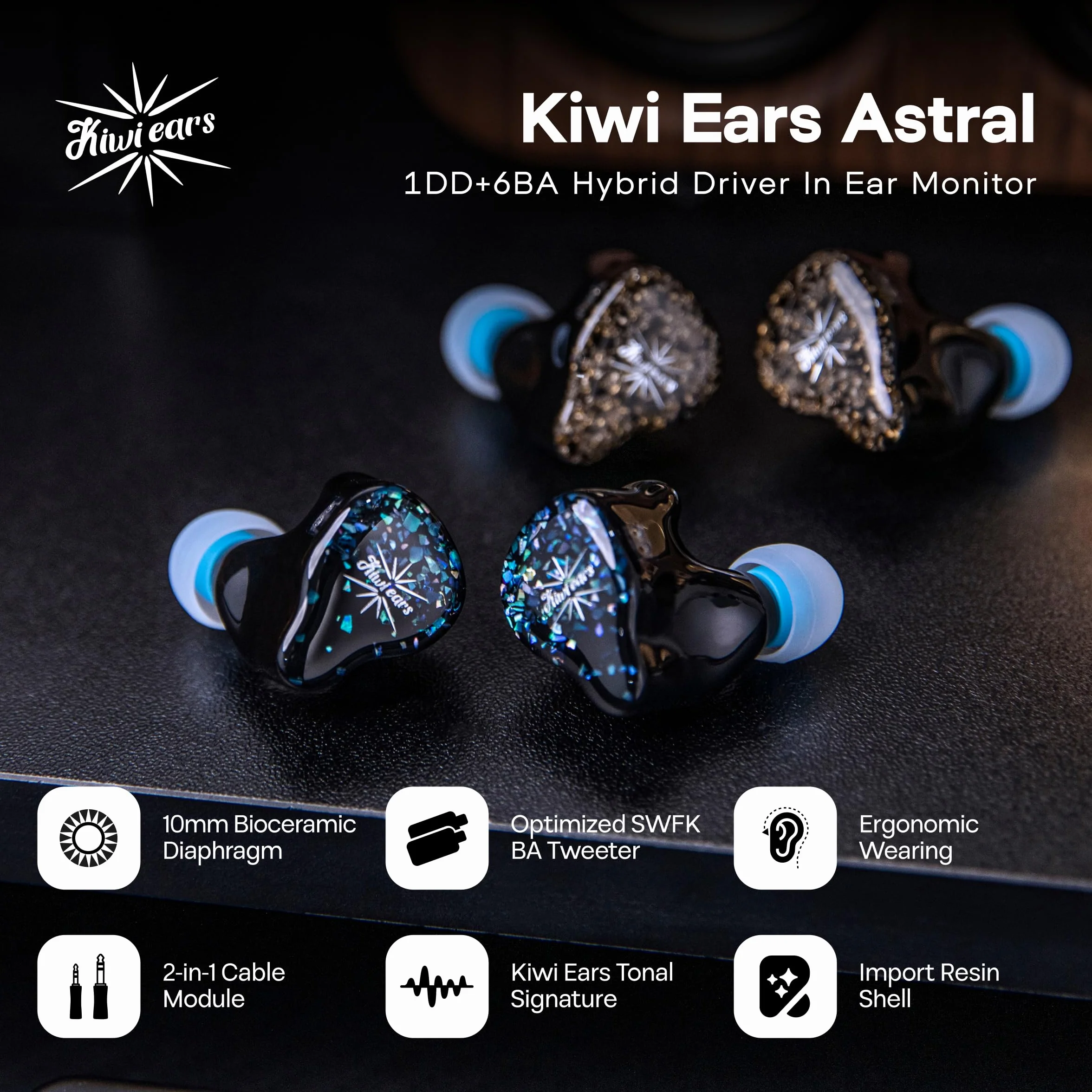 Linsoul Kiwi Ears Astral 1DD+6BA słuchawki hybrydowe douszne, przewodowe, słuchawki HiFi do nagrywania w studio i mixowania, przenośne słuchawki do gier IEM dla profesjonalnych inżynierów dźwięku
