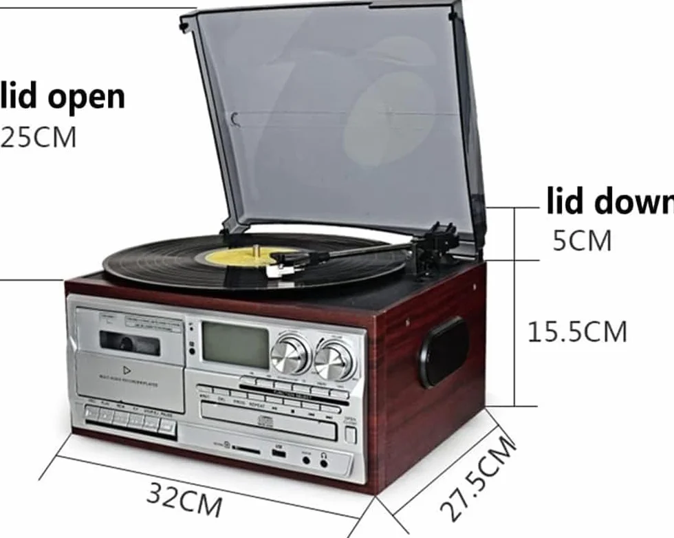 Odtwarzacz płyt winylowych, gramofon Bluetooth z wbudowanymi głośnikami, 3-biegowy odtwarzacz wieloformatowy, kompatybilny z CD i kasetami, mniej hałasu, matowa osłona przeciwpyłowa