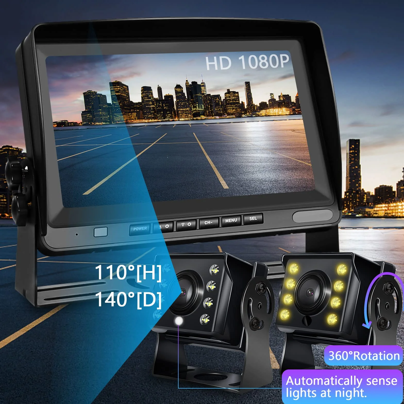Hodozzy Kamera cofania do samochodu z 8-calowym monitorem LCD, AHD 1080p, 2 x kamery, klasa wodoszczelności IP69, super noktowizor, kabel 12 V-24 V do kampera/ciężarówki/przyczepy/autobusów/vanów, z