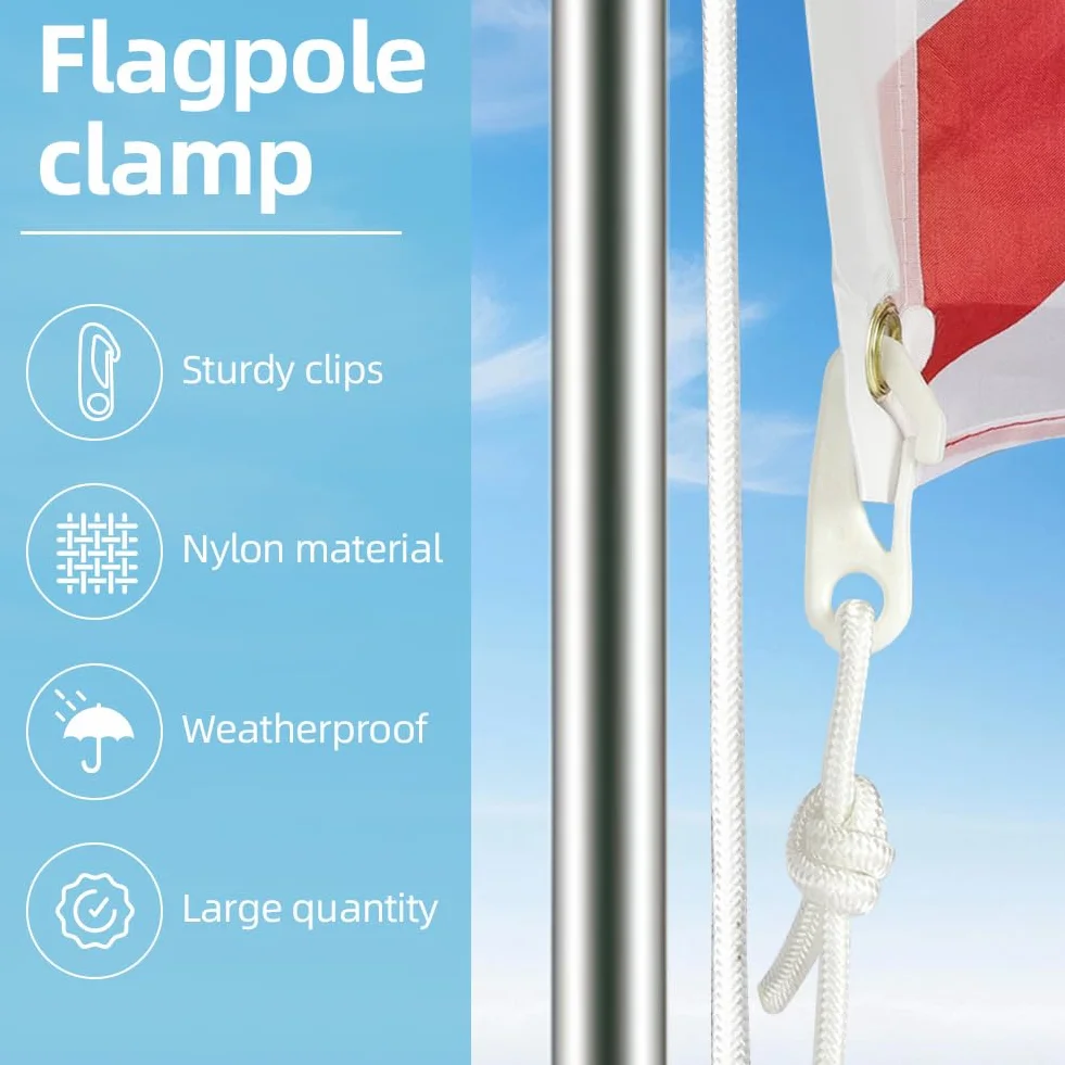 Lina do masztu flagowego 15 m, z 10 szt. klipsów do masztu flag, nylonowa lina flagowa o grubości 6 mm, biała linia flagi, zestaw linek do użytku na zewnątrz, na huśtawkę, do ogrodu, na kemping