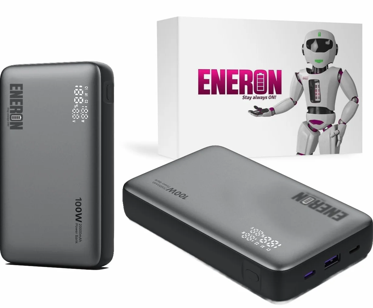 Powerbank ENERON 100 W 20 000 mAh, szybka ładowarka, 2 x USB-C USB-A, zestaw akumulatorów, przenośny