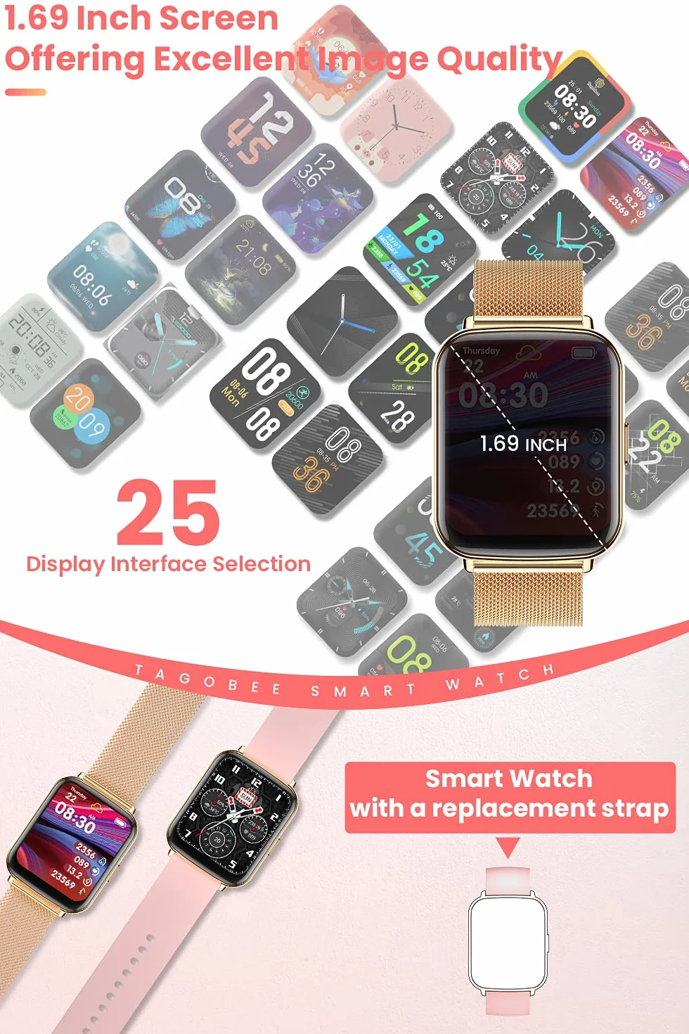 Inteligentny zegarek dla kobiet mężczyzn zegarek fitness IP68 wodoodporny zegarek z pulsometrem, monitor snu, monitor aktywności, krokomierz, zegarek 1,7 cala, pełny ekran dotykowy, smartwatch dla systemu Android iOS