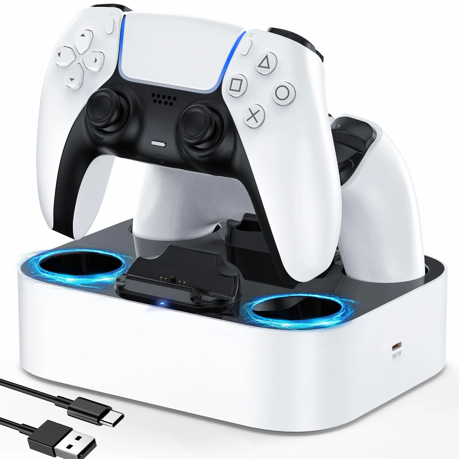 LVFAN Stacja ładująca do kontrolera PS5, szybka stacja ładująca z ochroną przed chipem bezpieczeństwa i wskaźnikiem LED, podwójna stacja ładująca do kontrolera Playstation 5 (biała)