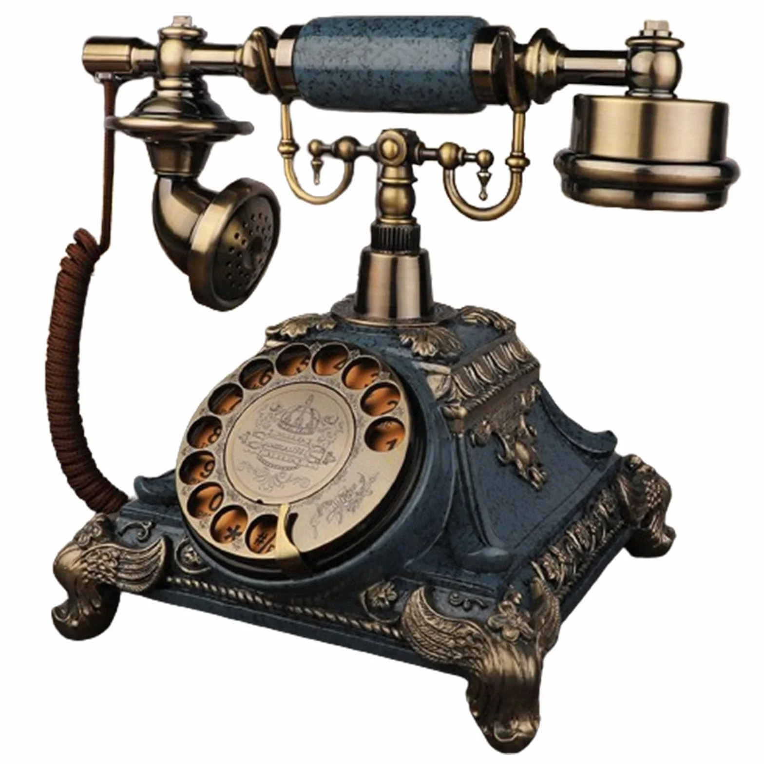 Antyczny telefon przewodowy z obrotową tarczą, klasyczny telefon stacjonarny, staromodny telefon stołowy do dekoracji biura domowego