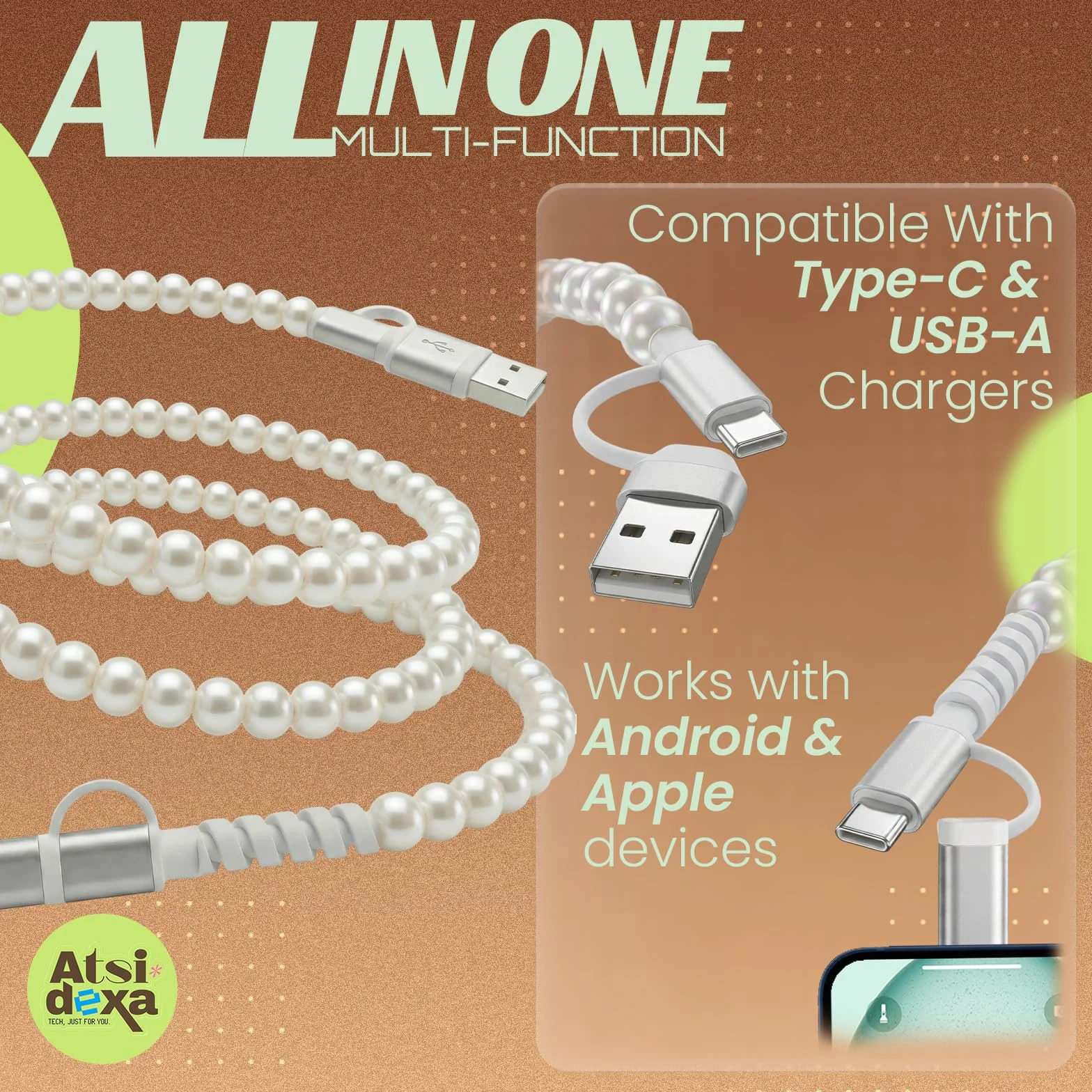 Perłowy kabel do ładowania 4 w 1, pięknie zapakowany, 60 W, certyfikat MFi, ładny, kolorowy kabel, kompatybilny z iPhone, iPad, AirPods, Galaxy i nie tylko (Full Moon