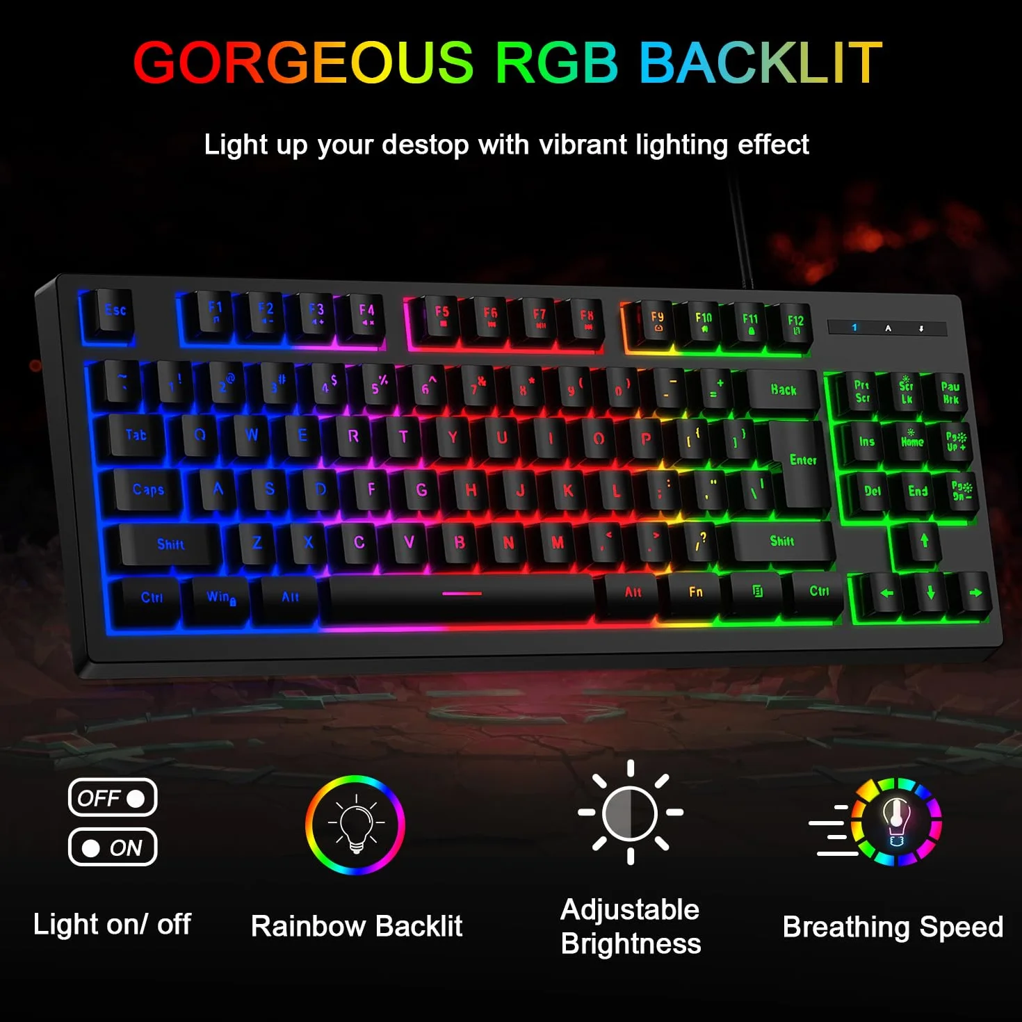 RGB 87 klawiszy, klawiatura do gier i podświetlana mysz, BlueFinger USB przewodowa klawiatura tęczowa, zestaw klawiatury do gier, do laptopa, komputera, komputera, gier i pracy
