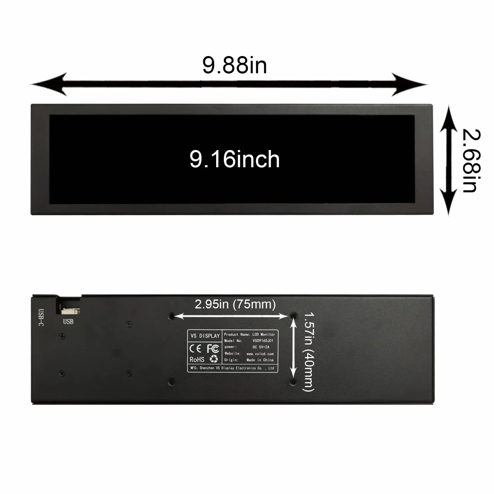 VSDISPLAY 9,16 cala 462 x 1920 IPS czarny monitor LCD | do obudowy PC DIY CPU GPU komputer wyświetlacz i motyw