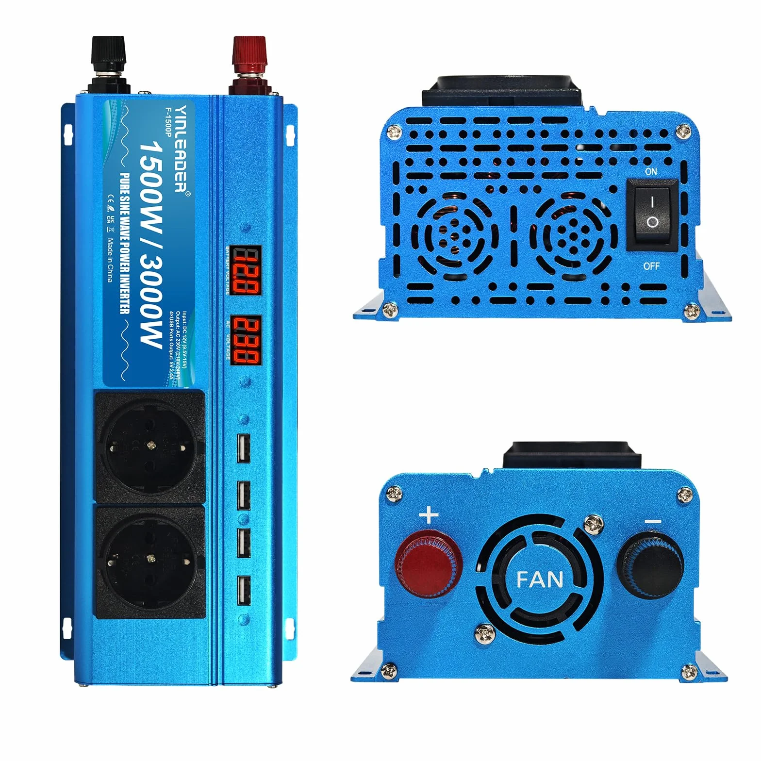 Yinleader Konwerter 12 V, 220 V, czysty sinus, 1500 W, 3000 W, czysta moc Sinus, 2 x gniazdo USB