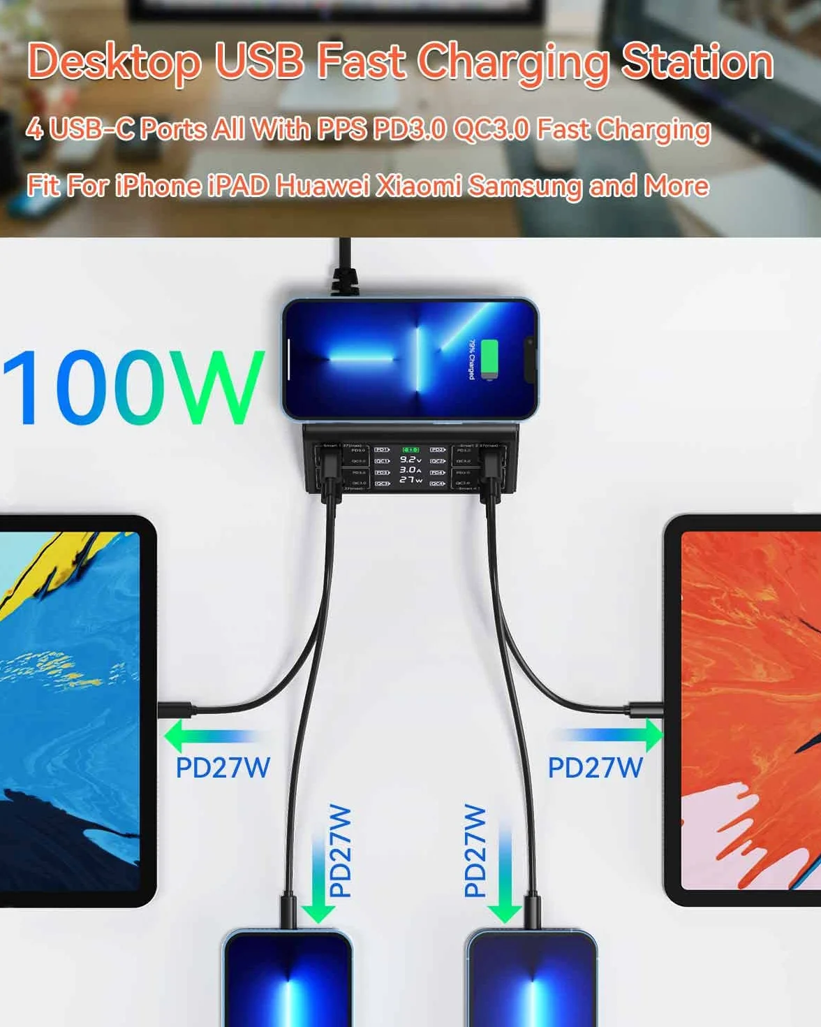 Ładowarka USB, ASOMETECH 100 W, 8 portów, wiele stacji ładujących USB z 4 szybkim ładowaniem 3.0, 4 portami USB C PD, bezprzewodową ładowarką, wyświetlaczem LCD, koncentratorem szybkiego ładowania do