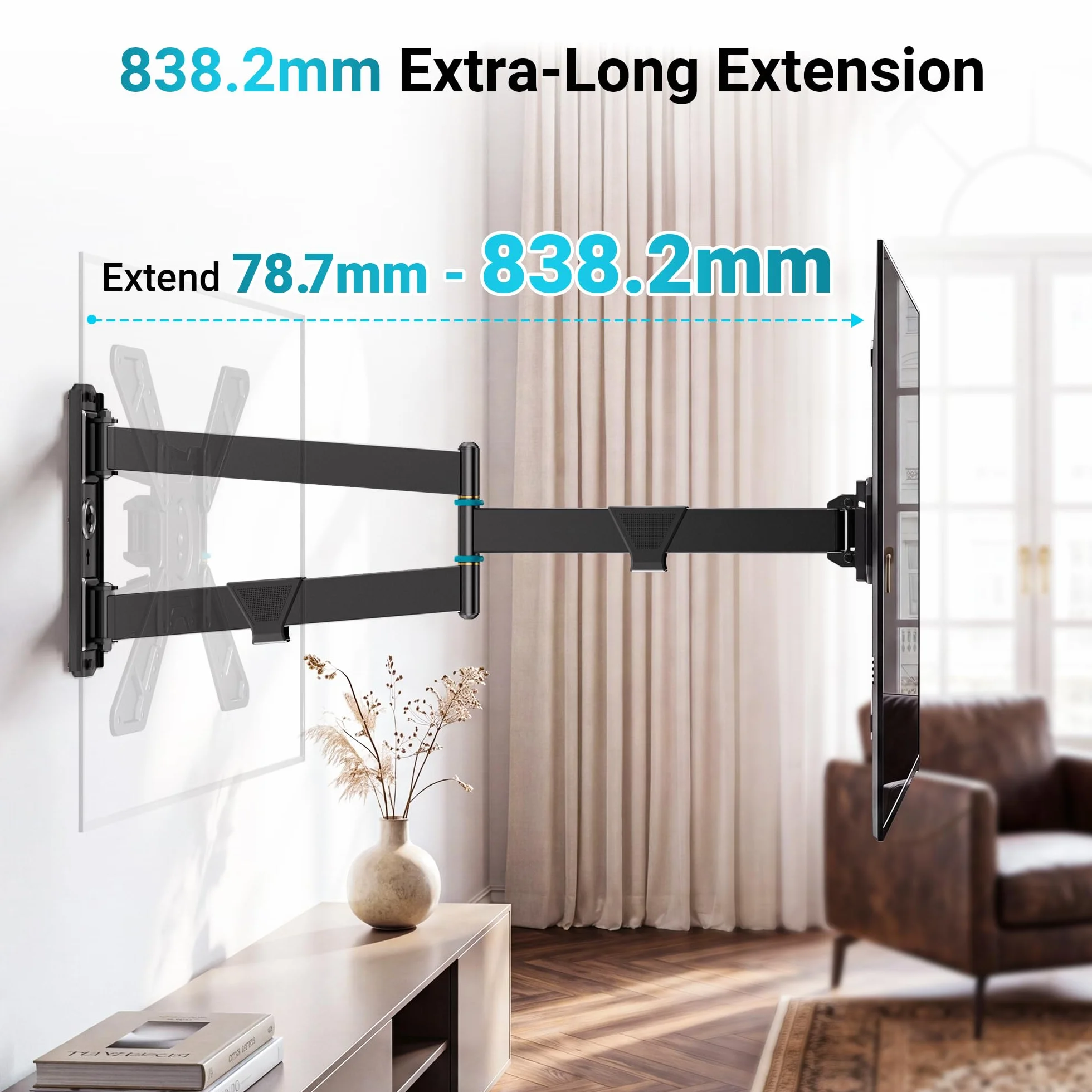 BONTEC Uchwyt ścienny do telewizora Full Motion do telewizorów 32–75 cali, mieści 49,9 kg, ramię przedłużające o długości 838 mm z obrotowym poziomem do pionu, obrotowy i pochylany, pionowy uchwyt do