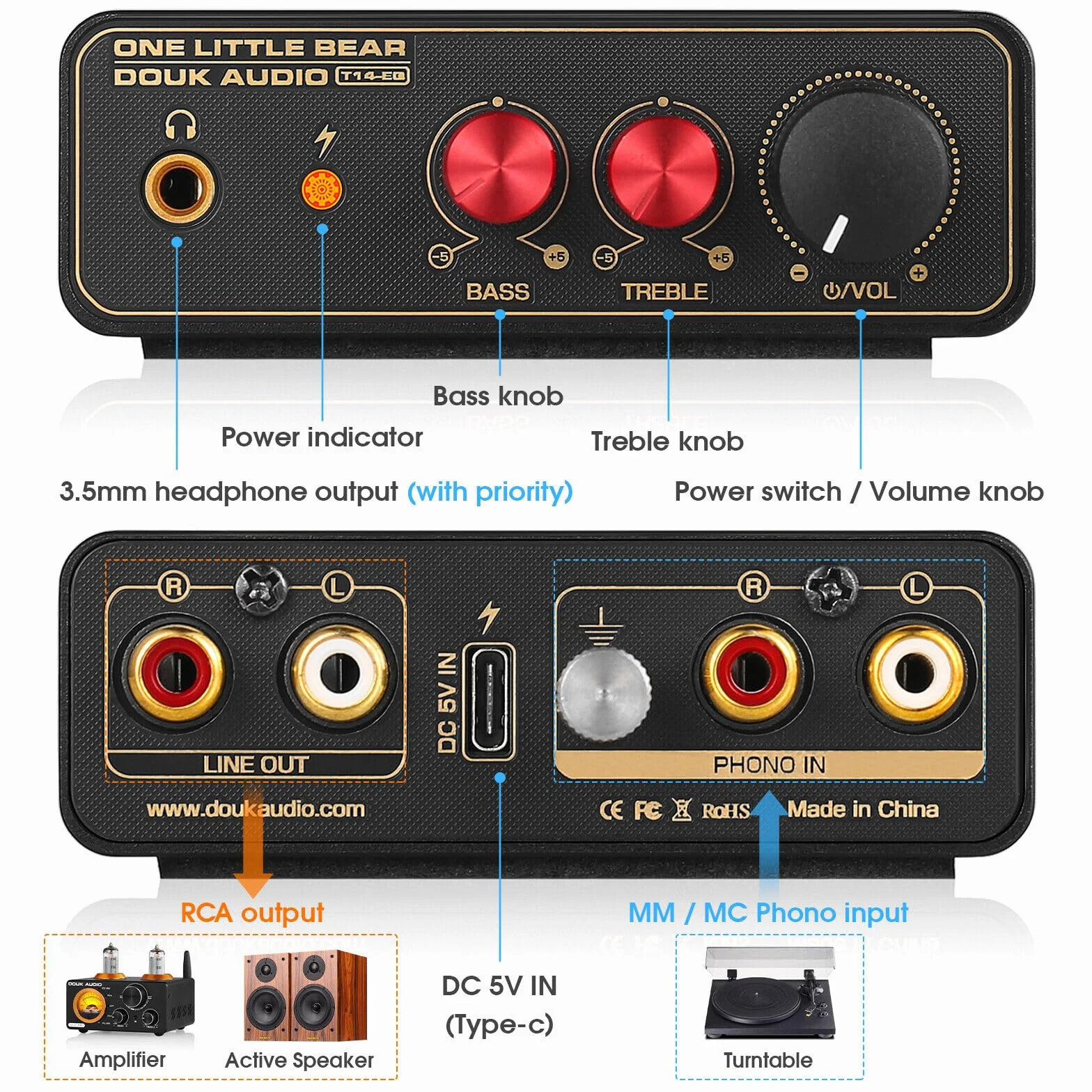 HiFi MM/MC RIAA gramofon przedwzmacniacz phono LP Vinyl płyta przenośna przedwzmacniacz słuchawkowy (T14-EQ)