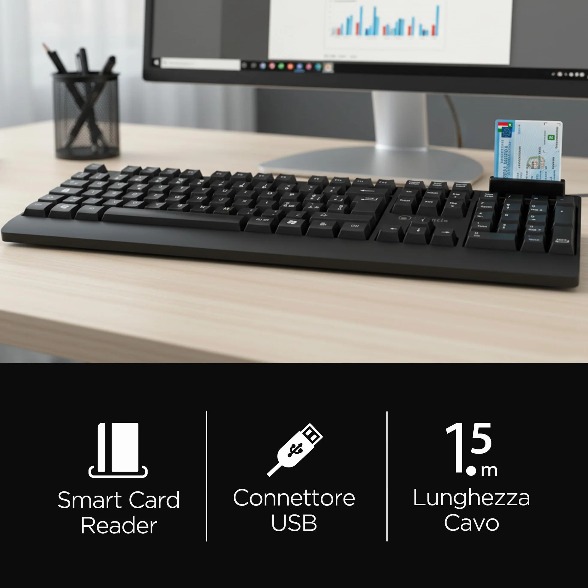 Atlantis Klawiatura z wbudowanym czytnikiem kart SmartCard, włoska QWERTY, odczyt CNS, CRS, karta zdrowia, podpis cyfrowy, złącze USB, kabel 1,5 m - czarny