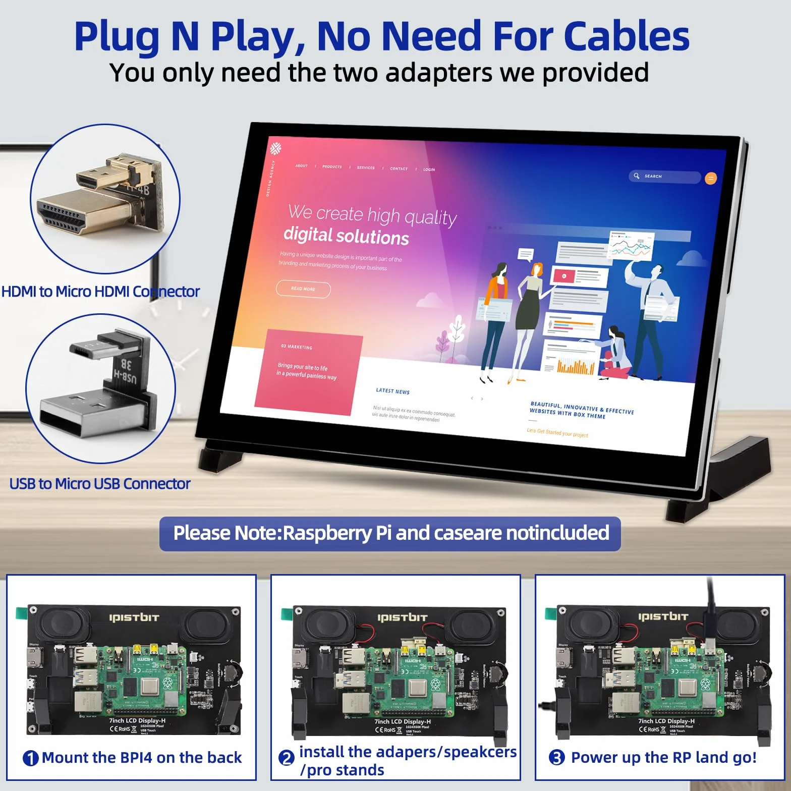 Ekran Raspberry Pi, 7 Cali Monitor Dotykowy, IPS 1024×600, Podwójne Wbudowane Głośniki, Przenośny Monitor HDMI Kompatybilny z Raspberry Pi 5/Pi 4B/3B+/3B, Win11/10/8/7, Bez Sterowników