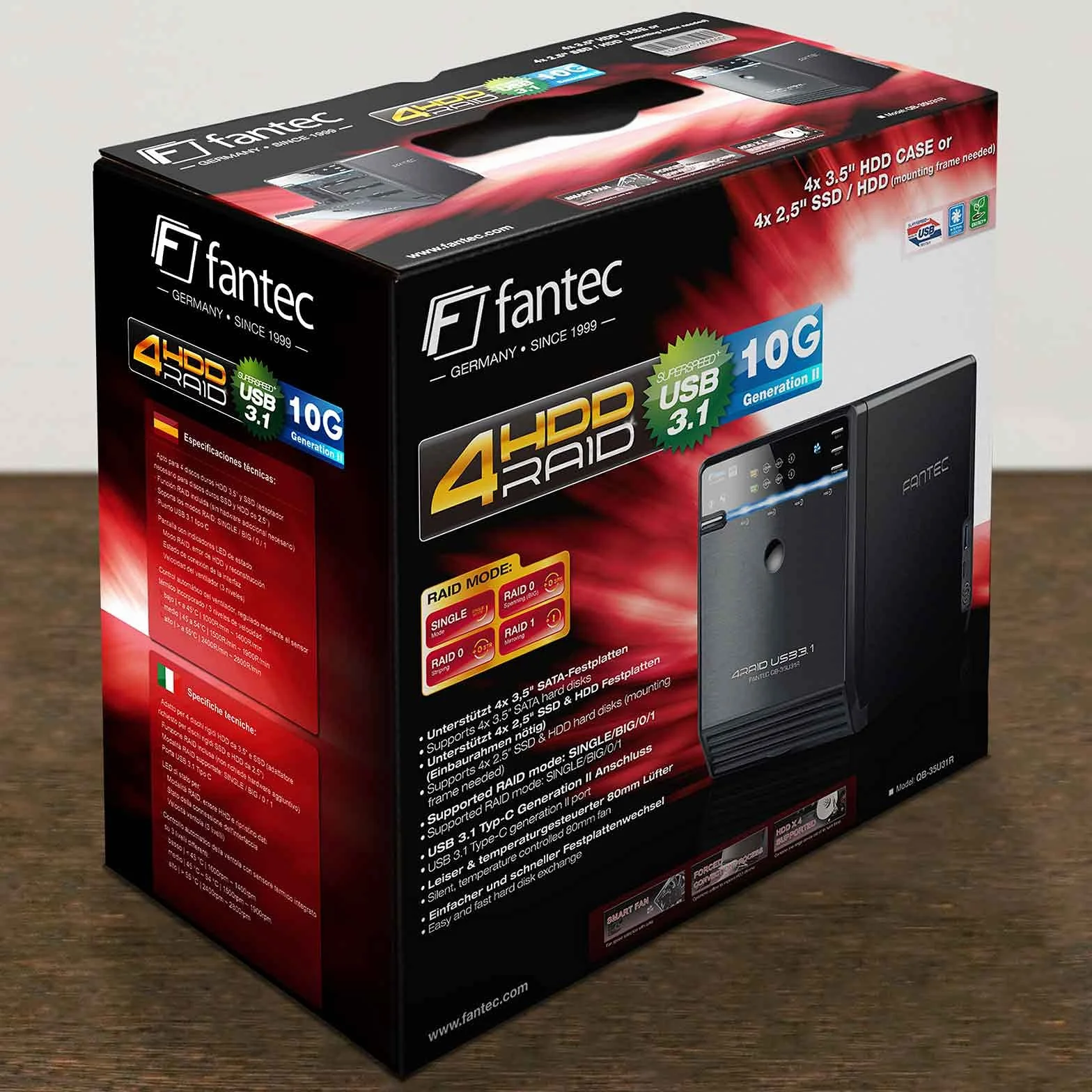 FANTEC QB-35U31R zewnętrzna obudowa dysku twardego RAID do 4 x 8, 89 cm (3,5 cala), złącze USB 3.1 generacji II, funkcja Raid z 2 niezależnymi zestawami, wentylatory 80 mm, czarna