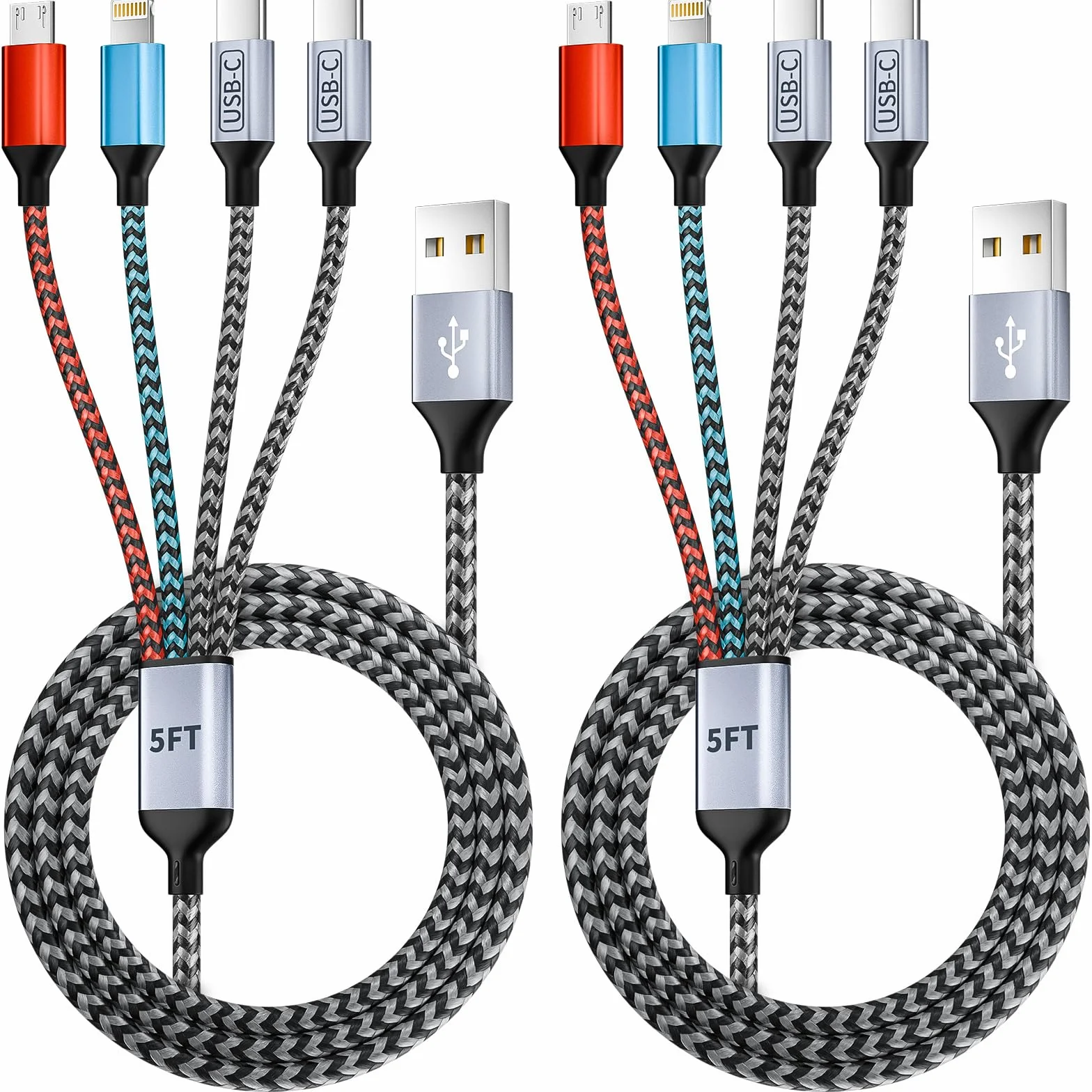 Podwójny kabel USB do ładowania z dwoma portami typu C, kable do ładowania 4 w 1 do wielu urządzeń, kabel do ładowania telefonu z portem iPhone 17/IP/Micro do iPhone'a 16-12/Androida/iPada (2 szt.)