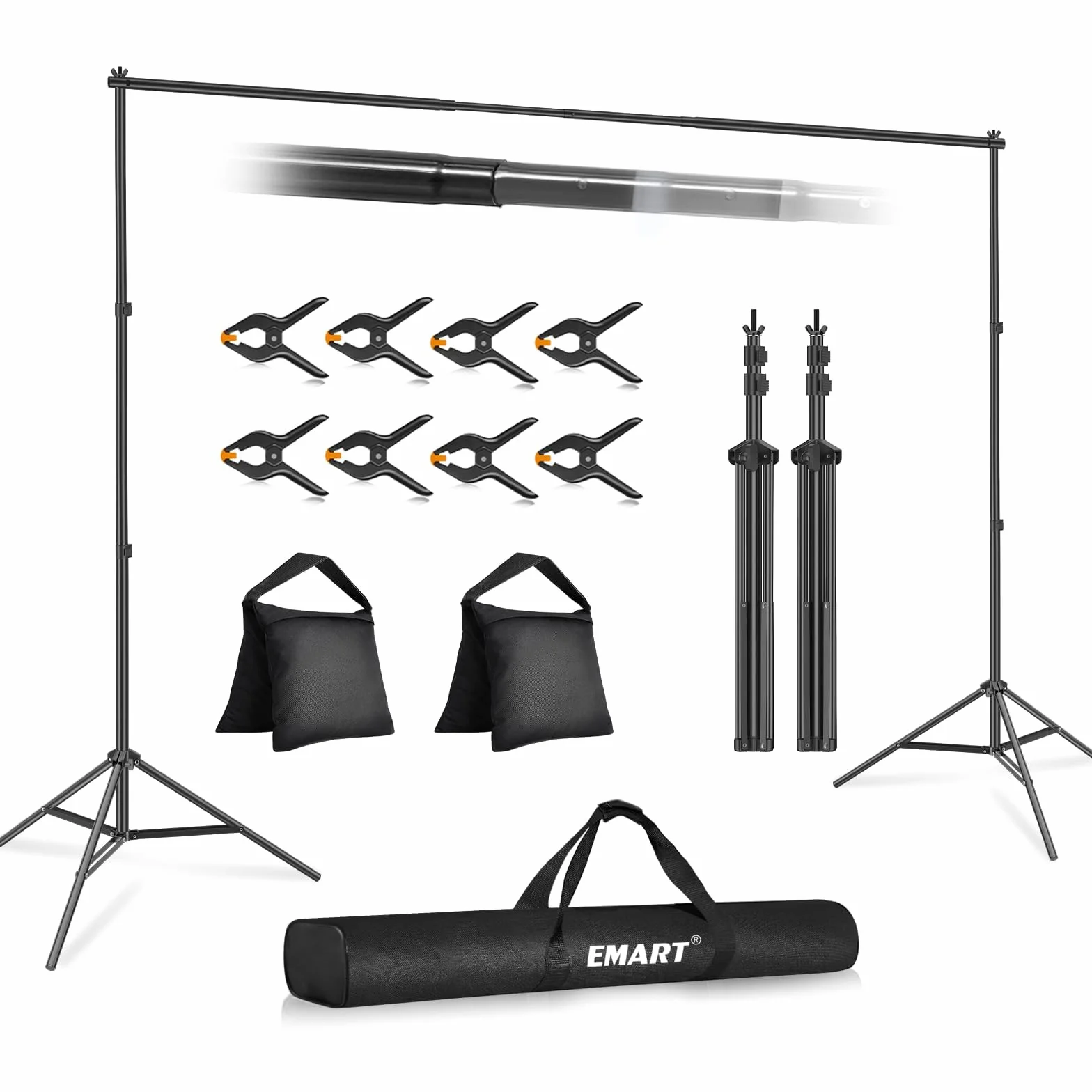 EMART statyw do tła 305 x 213 cm (szer. x wys.) – regulowany zestaw do tła fotograficznego z 2 poprzeczkami, 8 klamrami, 2 workami z obciążeniem i torbą na imprezy, dekoracje, wesela