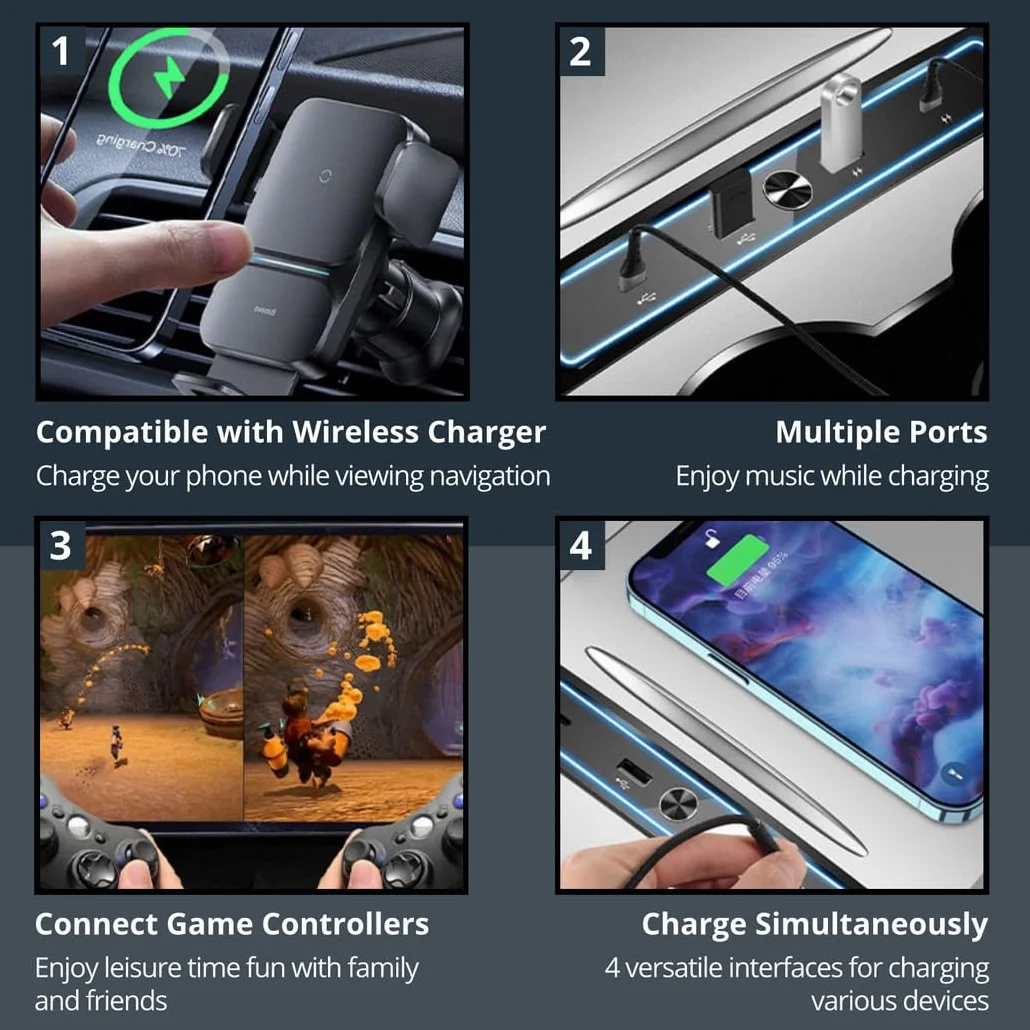 Hub USB do Tesla Model 3 Y 2021 2022 2023, 4-portowa stacja dokująca USB do konsoli środkowej, wieloportowa stacja dokująca ze światłem LED, adapter USB A i typ C, do ładowania samochodowego i