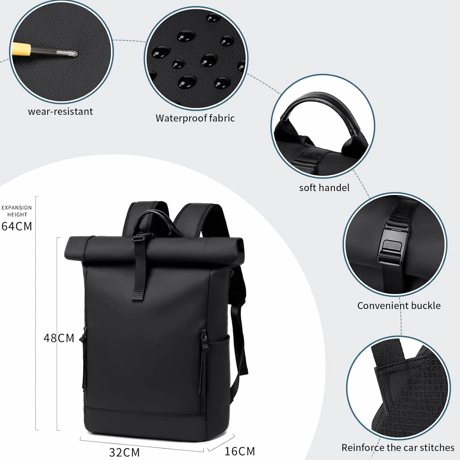Rolltop plecak dla kobiet i mężczyzn, duży plecak na laptopa, wodoszczelny, z kieszenią na komputer o przekątnej ekranu 17,3", plecak szkolny, 24 l/32 l, wodoodporny plecak podróżny, bagaż