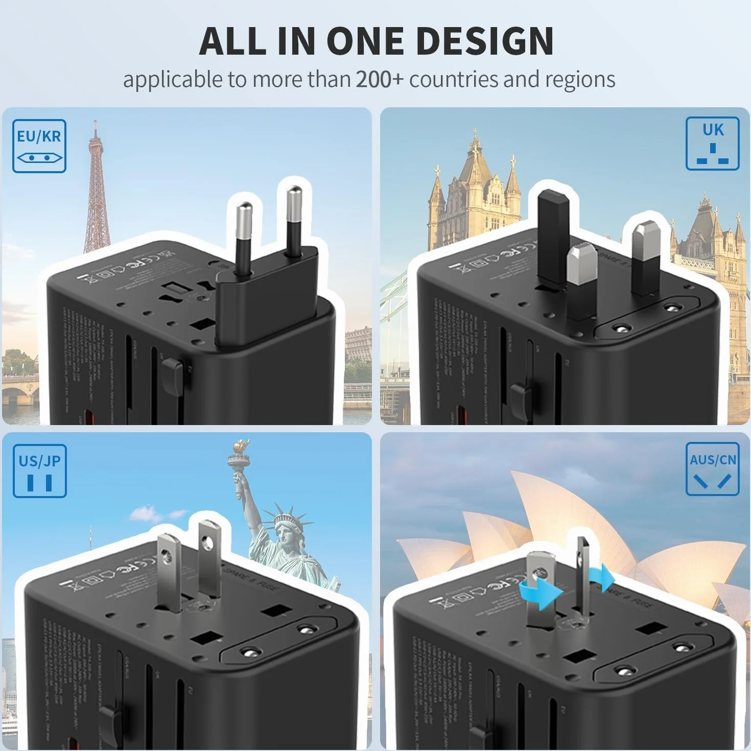 EPICKA GaN Adapter Podróżny, 70W PD Adapter Podróżny do Szybkiego Ladowania, Uniwersalna Adapter z 3 USB-C, 2 USB-A, Międzynarodowy Adapter do Gniazda do DE USA, UK, Japonii, Tajlandii