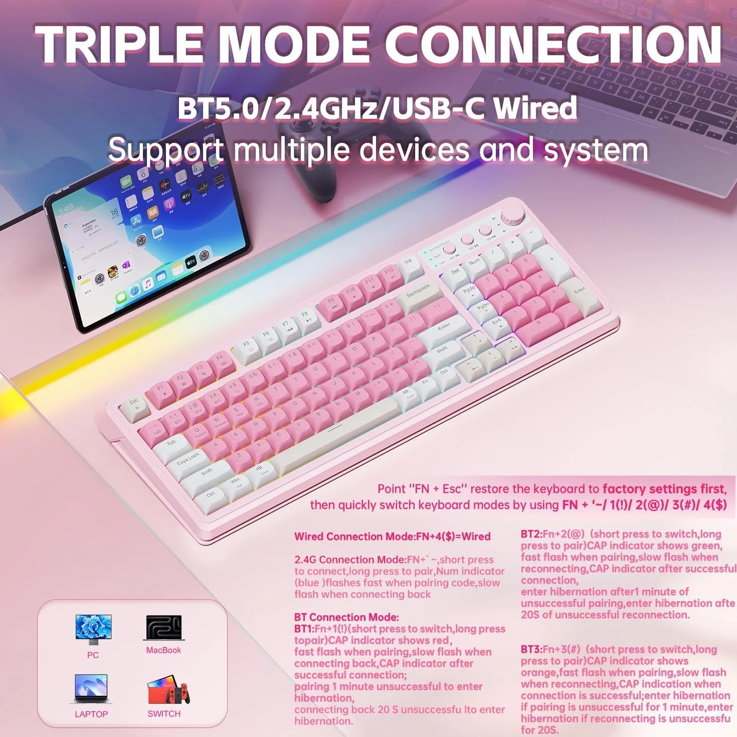 TZMRIT Aula S99 klawiatura do gier, bezprzewodowa klawiatura komputerowa, Tri-Mode Bluetooth/2,4 GHz/USB-C niestandardowa kremowa klawiatura z numerami, podświetlenie RGB, przycisk Media (różowy)