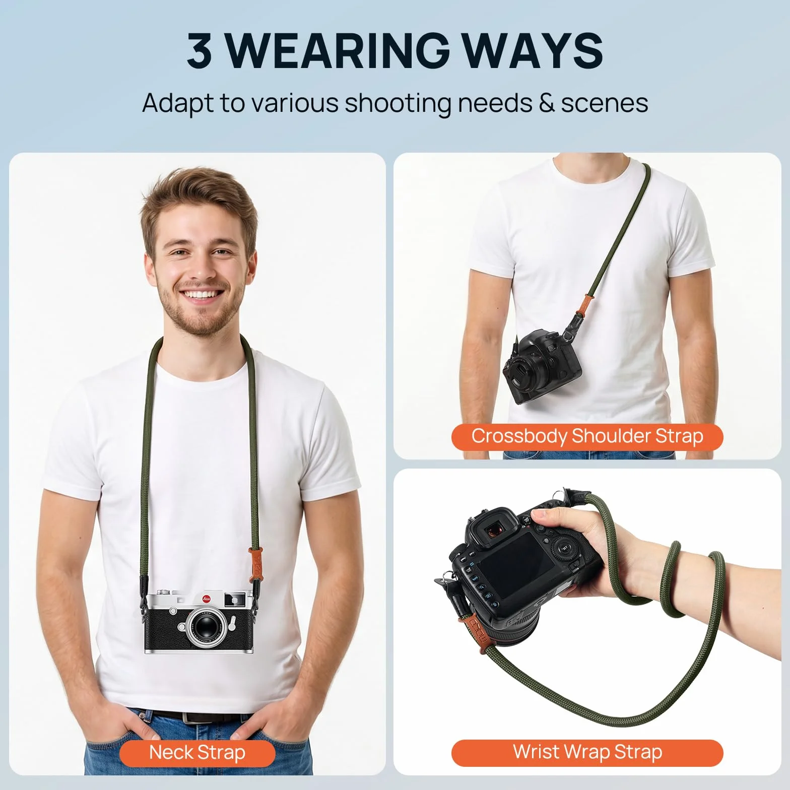 MoKo Camera Strap, 100cm Neck & Shoulder Rope Camera Straps for Photographers, Wear-resistant Lightweight Nylon Climbing Rope with Metal O-Ring for Canon Sony Nikon Fuji DSLR, Green