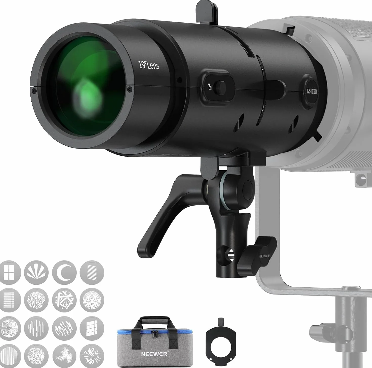 NEEWER LS-300 Reflektor optyczny Snoot do lamp wideo LED o mocy 300 W z obiektywem projekcyjnym 16x Gobo 19° 98% przepuszczalności światła, geometryczny modelujący do kreatywnej fotografii i
