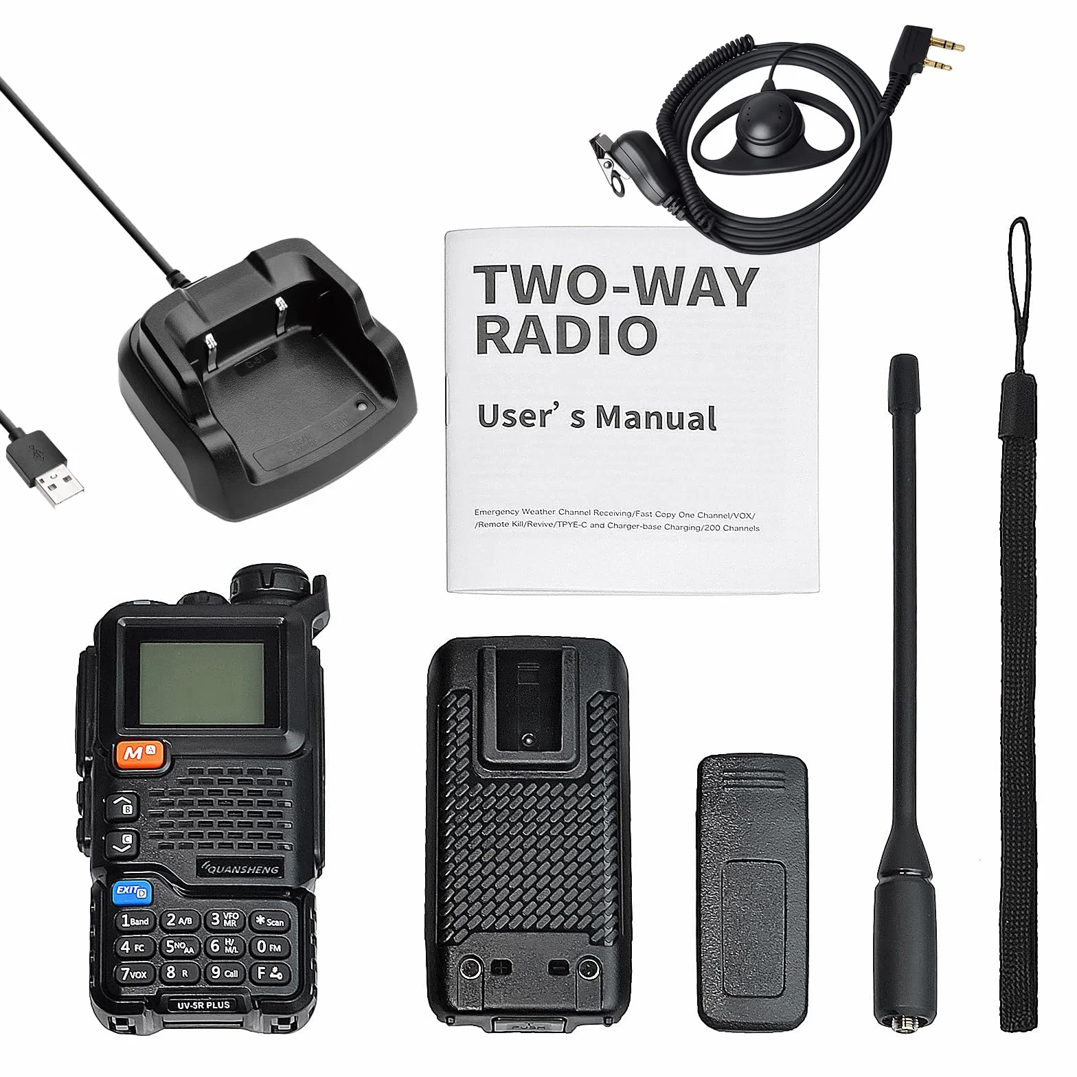 QUANSHENG UV-5RPLUS krótkofalówka 5 W, duży zasięg, wielokrotnego ładowania, dla dorosłych, radio policyjne z FM, NOAA, ładowanie typu C, 200 kanałów (UV-5RPLUS ze słuchawkami w kształcie litery D)