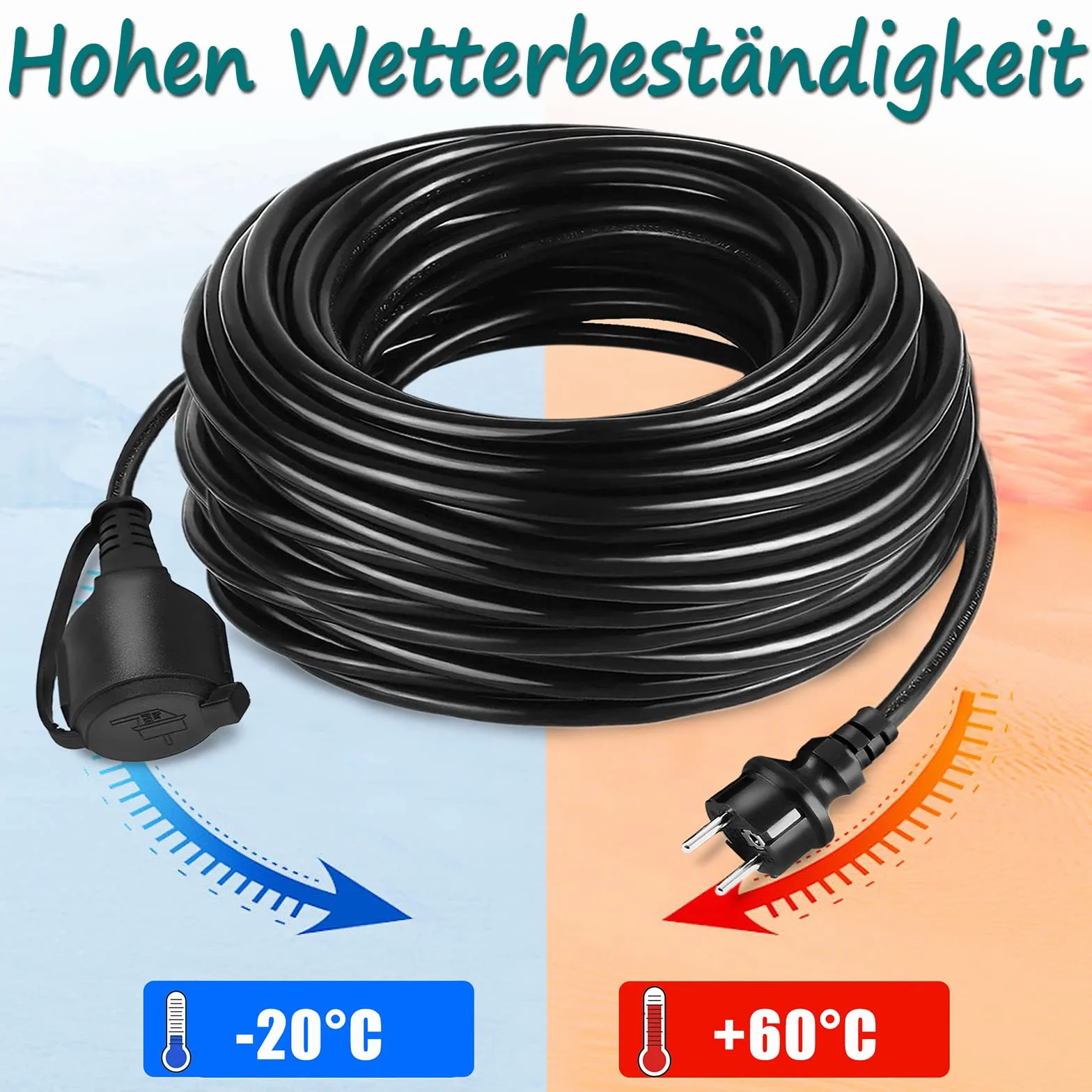 YRHome 30 m czarny przedłużacz prądu, wtyczka euro, wtyczka Schuko, przedłużacz 220-230 V, 16 A z nasadką ochronną, IP44, kabel na plac budowy, wtyczka ze stykiem ochronnym