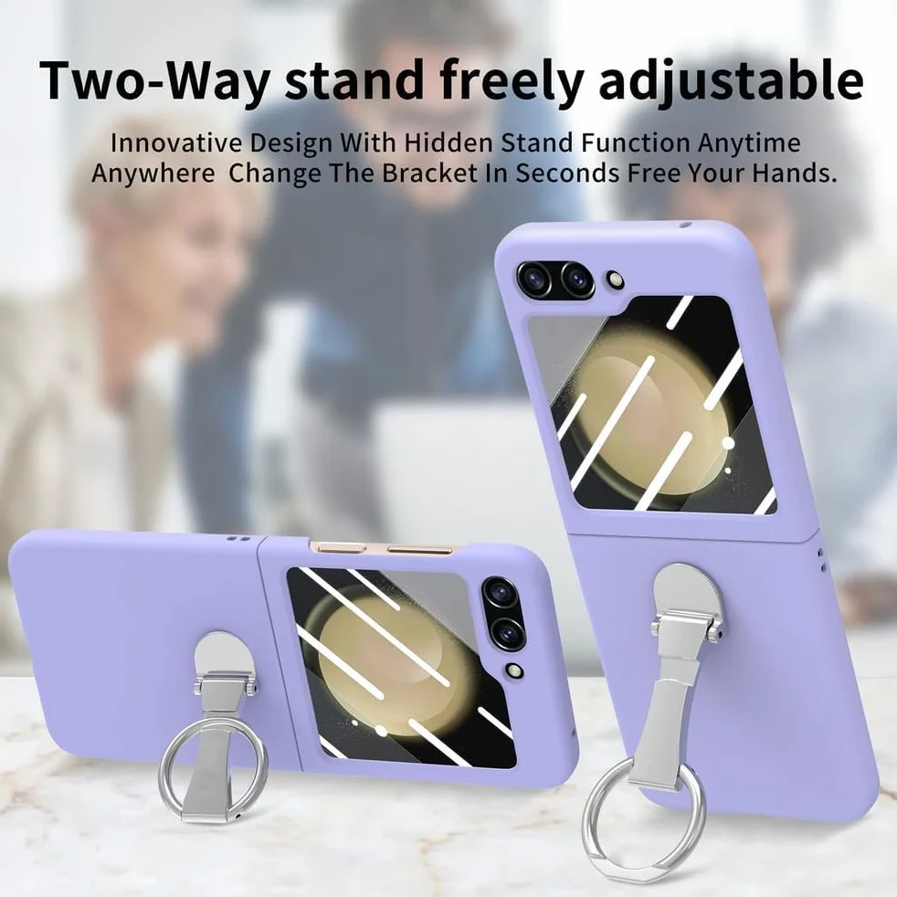 Odporne na wstrząsy etui do Samsung Galaxy Z Flip 7, osłona ekranu ze szkła hartowanego, etui na telefon z metalowym uchwytem pierścieniowym, stojak, smukłe, twarde etui z PC, fioletowe