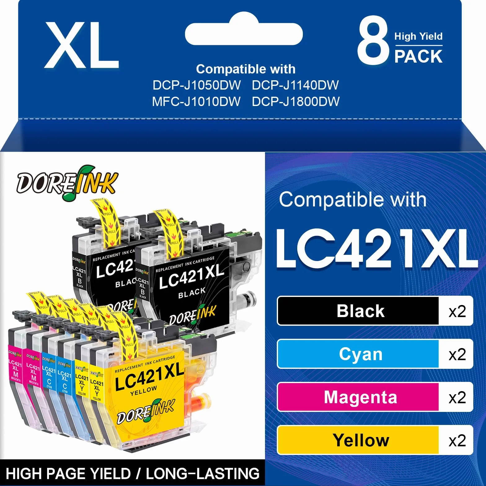 LC421XL Kartridże do drukarki, kompatybilne z Brother LC421 LC421XL LC-421VAL do Brother DCP-J1050DW, DCP-J1140DW, MFC-J1010DW, zestaw 8 sztuk (czarny, cyjan, magenta, żółty), tusz wodny