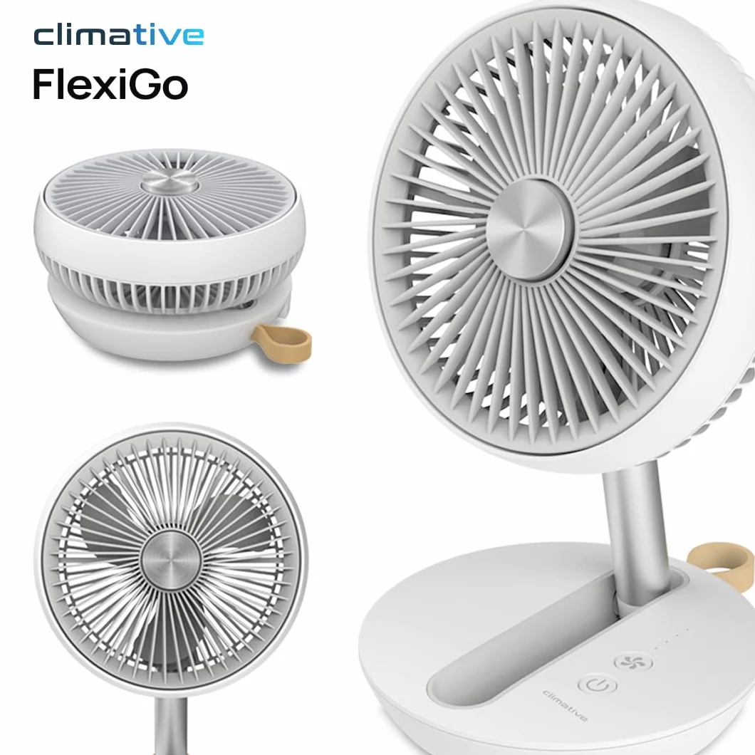 FlexiGo Przenośny Wentylator Biurkowy USB z Akumulatorem 15h, 4 Tryby, Cichy i Składany, do Zawieszenia – Bezprzewodowy Wiatrak na Kemping i pod Namiot, Biały