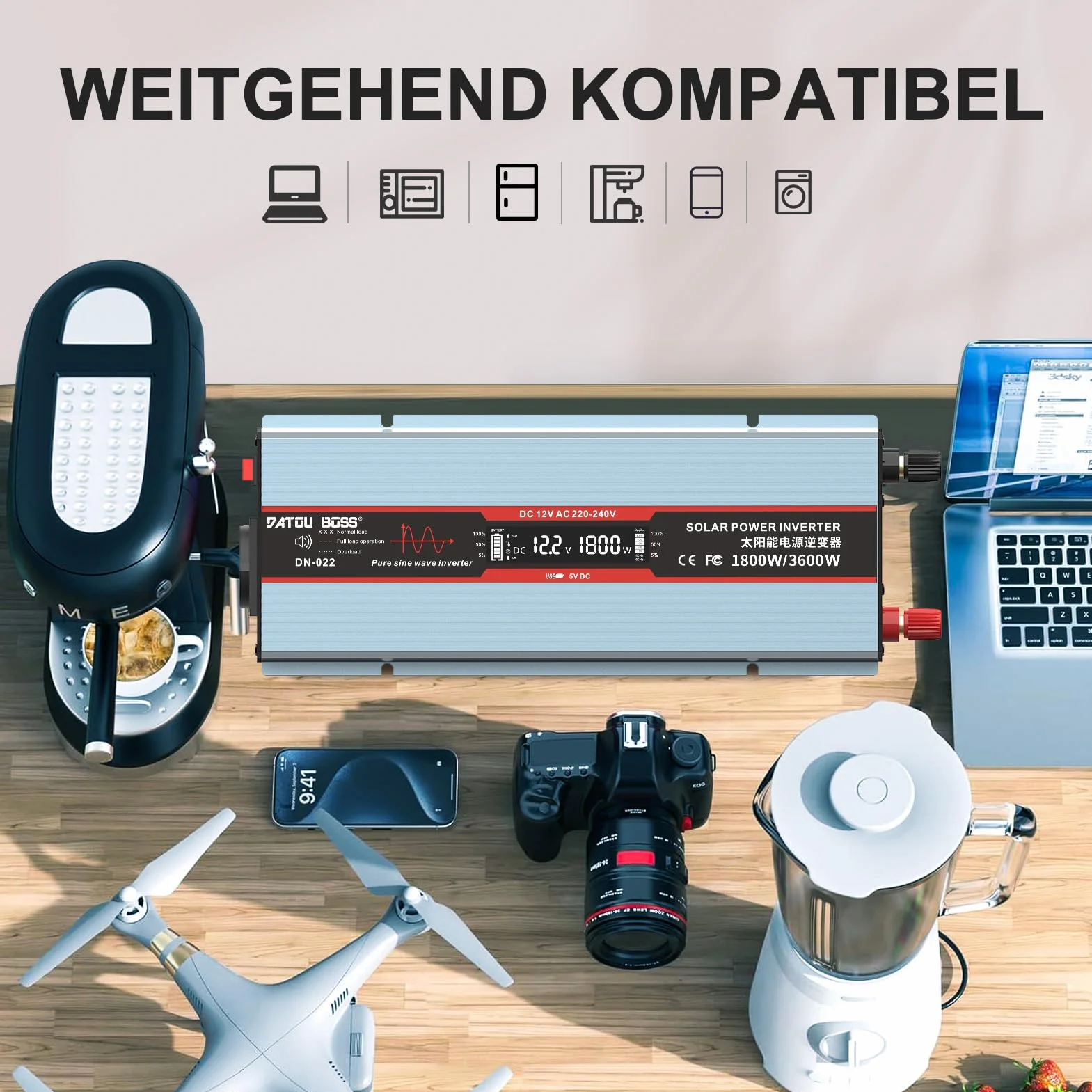 DATOUBOSS Przetwornica napięcia 12 V na 230 V, czysta sinusoidalna przetwornica napięcia 1800 W, moc szczytowa 3600 W z gniazdami UE, portami USB i wyświetlaczem LED, do urządzeń gospodarstwa domowego