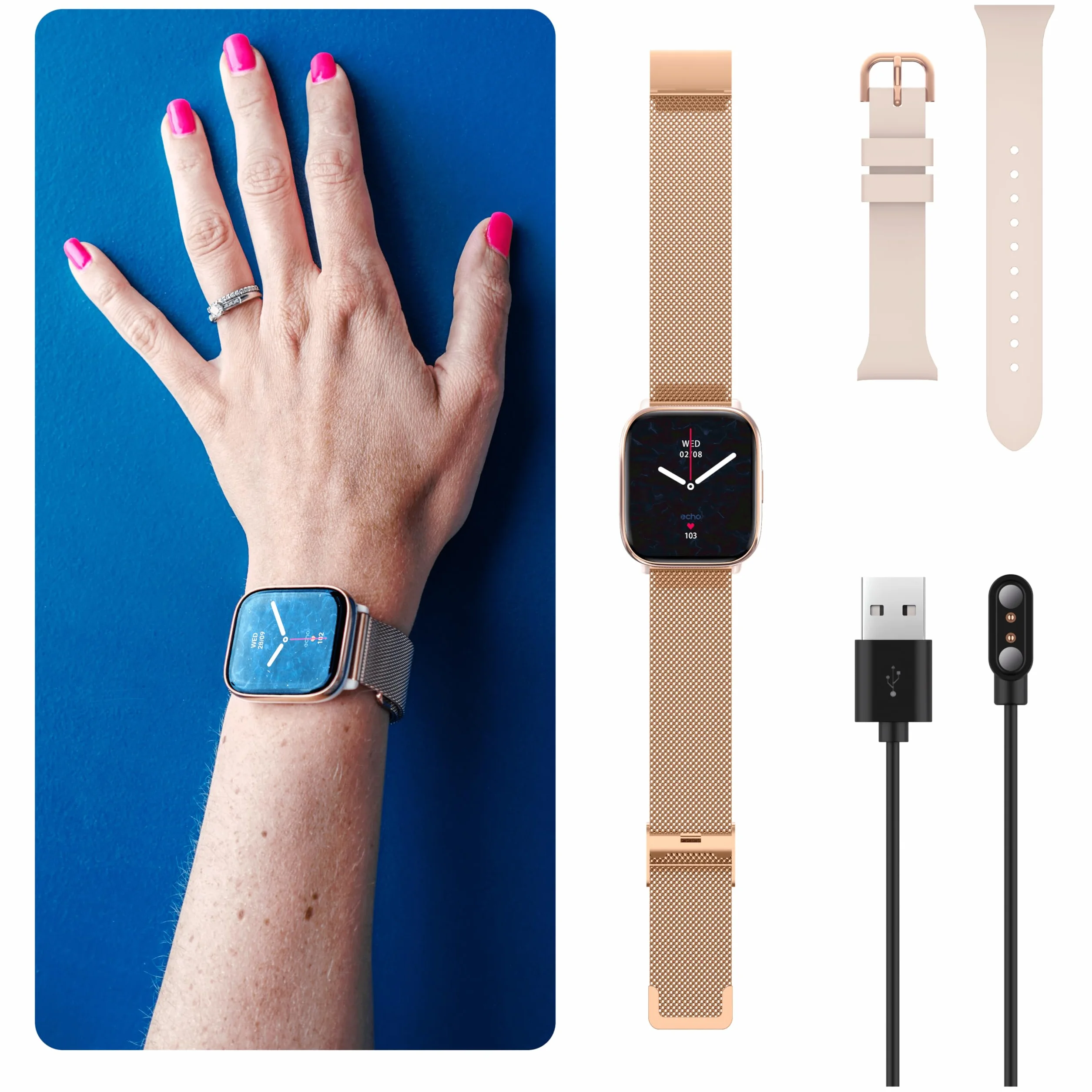 ECHO Rainbow Nano AMOLED damski smartwatch 1,83'' różowe złoto, połączenie Bluetooth/bezprzewodowe i czujniki zdrowia, tryby sportowe z trenerem, 2 metalowe bransoletki i gumka, mini, lekki i