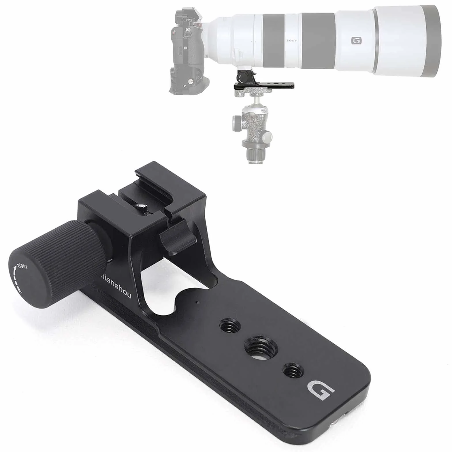 Sony FE 200-600 mm f/5,6-6,3 G OSS Wymienna stopka obiektywu, całkowicie metalowy kołnierz obiektywu aparatu, stojak na pierścień mocujący statyw, wymienna podstawa, wbudowana płytka szybkiego