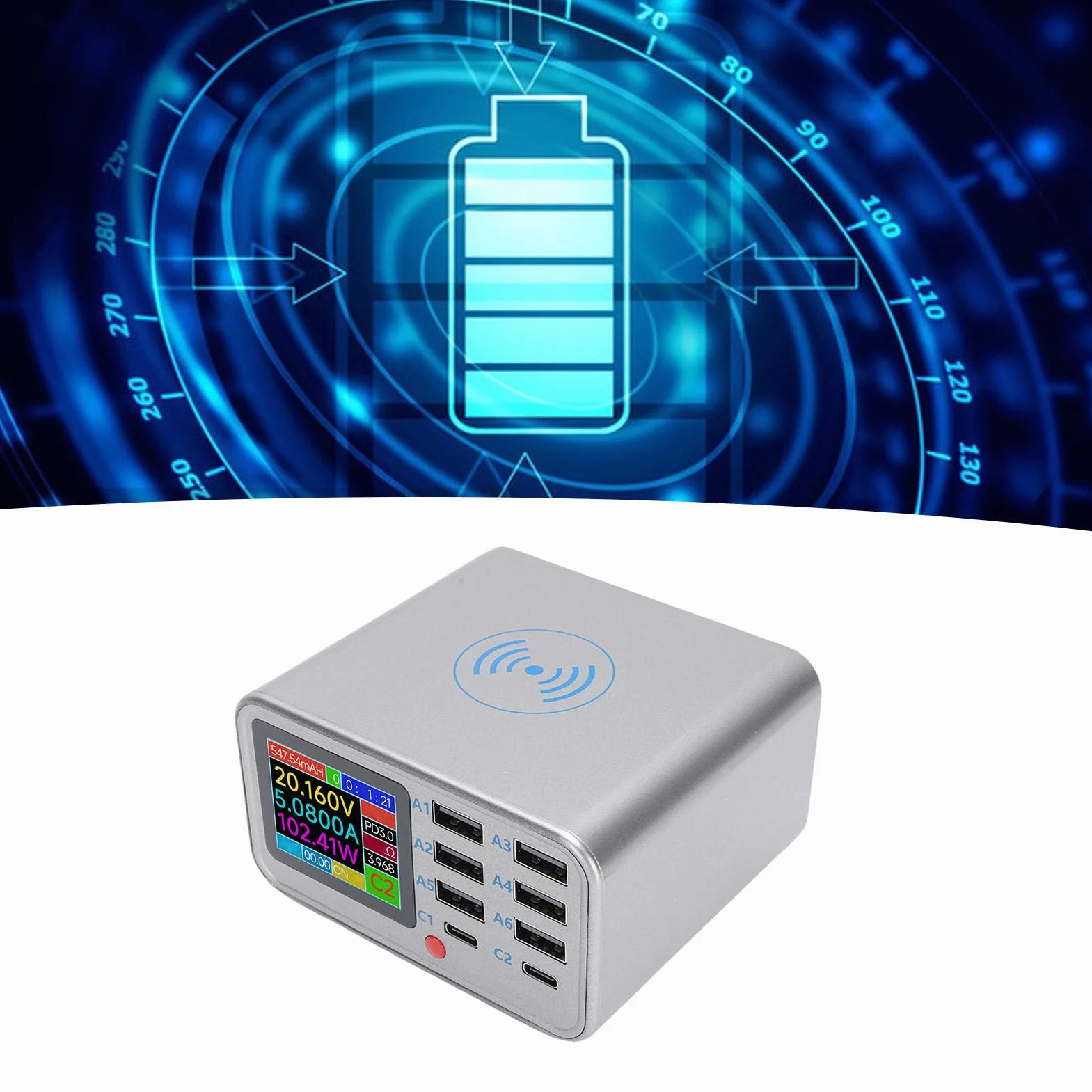 Cuifati Stacja ładowania Bezprzewodowego USB, Stacja ładowania 100W 8 Port Hub Block Cube, QC3.0 PD Szybka ładunek i Wyświetlacz Cyfrowy dla Tabletu Telefonu (przepisy europejskie)