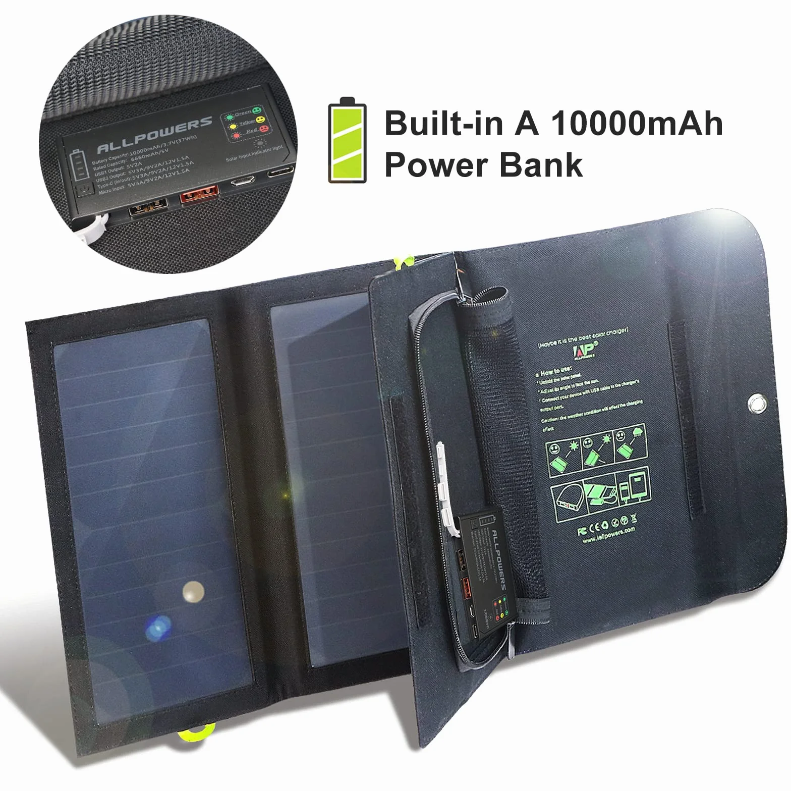 ALLPOWERS Panel słoneczny 5 V, 21 W, przenośna ładowarka solarna, 3 wyjścia USB i 2 wejścia USB, wodoszczelny, składany panel słoneczny, ładowarka solarna, powerbank do smartfonów, tabletów,