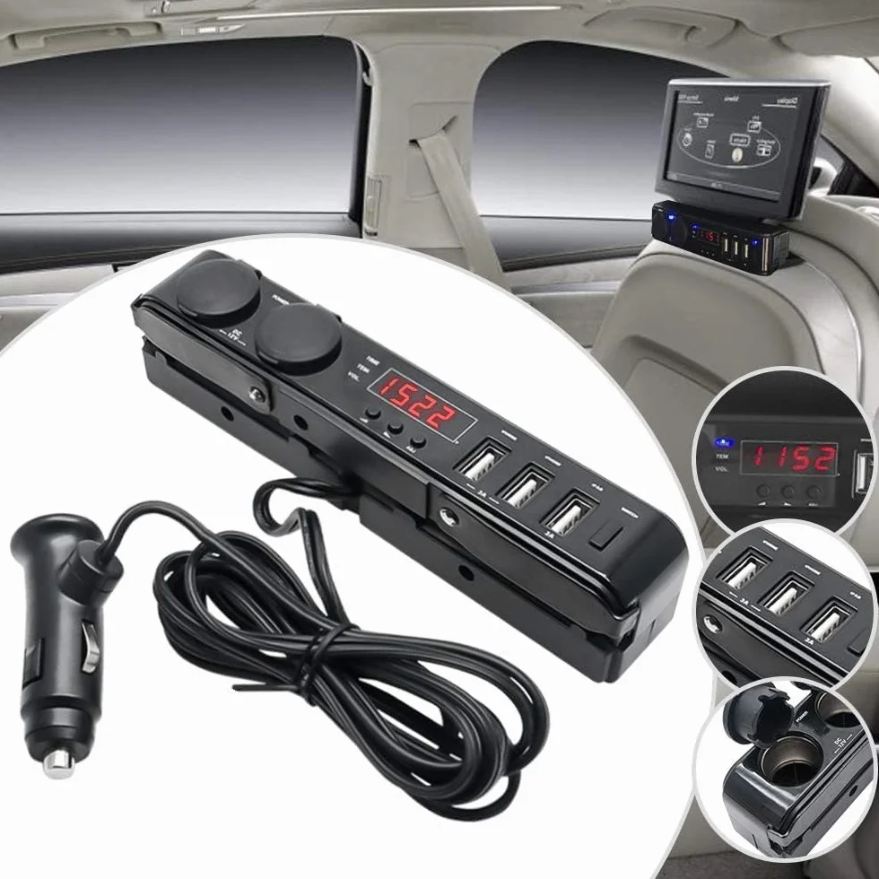 Riloer Adapter do zapalniczki samochodowej z woltomierzem, adapter ładowarki USB, rozdzielacz 3 A, 12 V, 24 V, termometr LCD do deski rozdzielczej na tylne siedzenie samochodu, 3 A