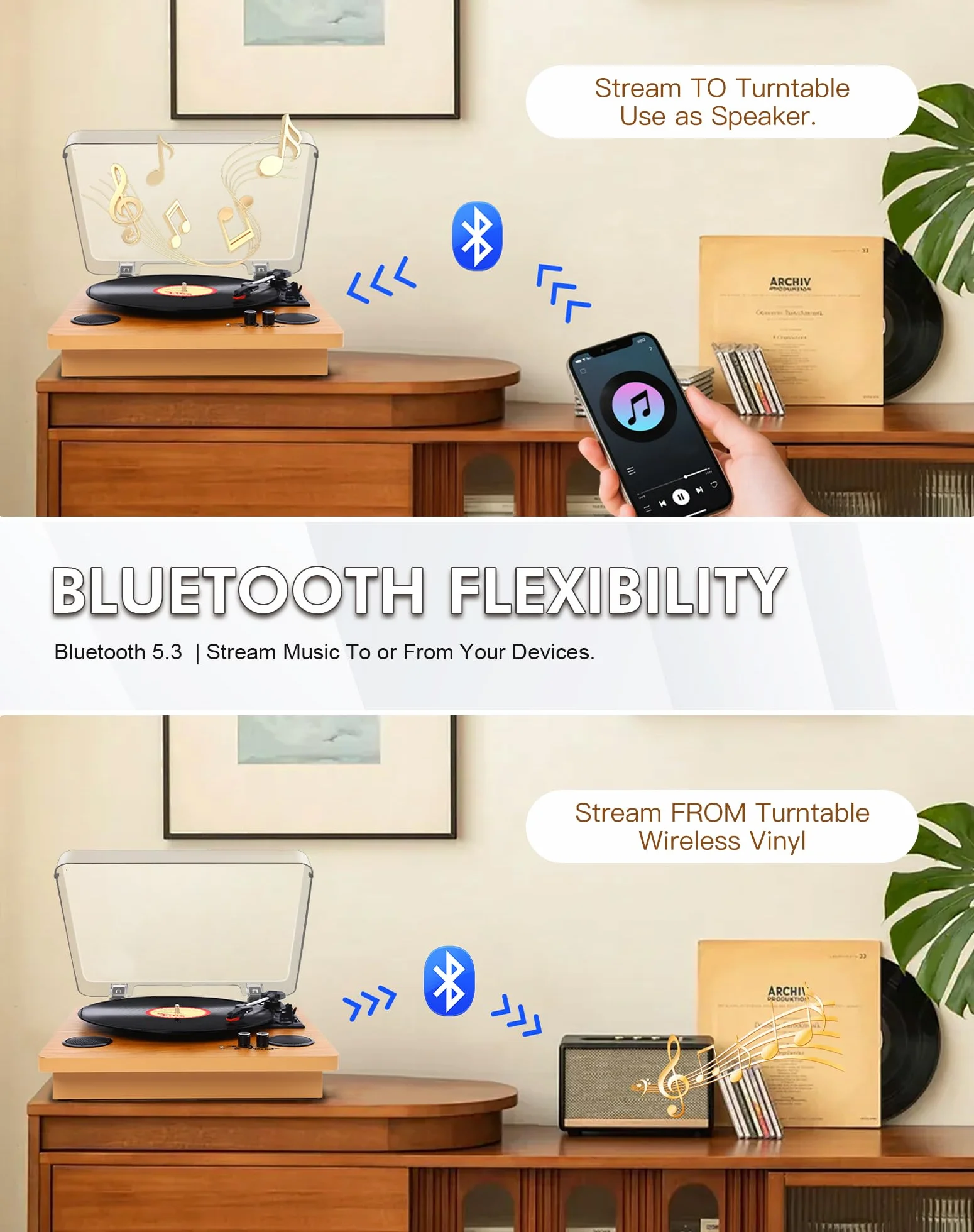 VIFLYKOO Gramofon Bluetooth 5.4,Gramofon z 2 Głośnikami Stereo, Bezprzewodowy 3-biegowy 33/45/78 obr./min, Retro Gramofony Obsługuje Wejście Słuchawkowe/Wejście AUX/Wyjście RCA/USB