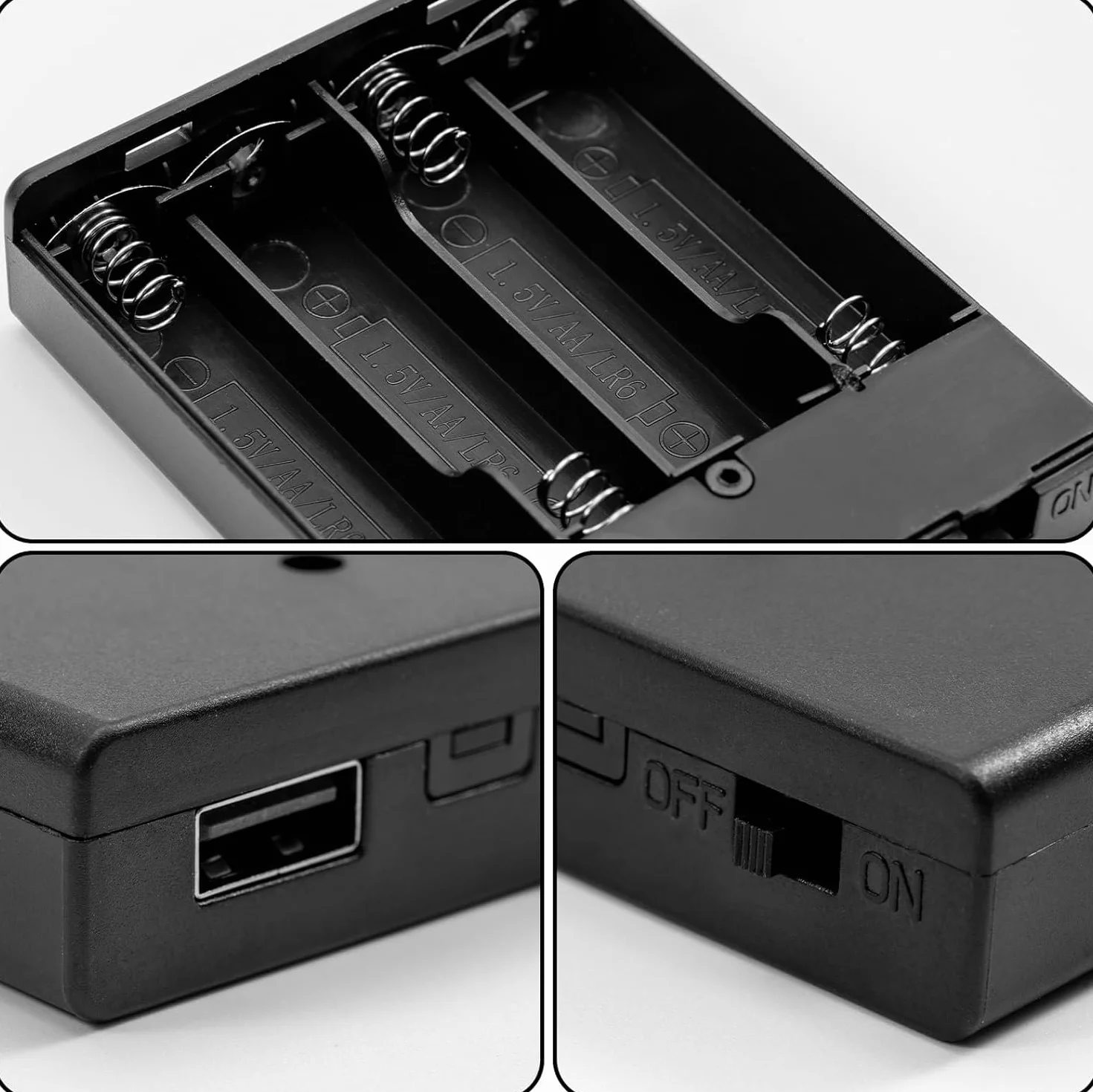 GTIWUNG Zestaw 6 uchwytów na baterie 4 AA z USB, 4 AA 6V uchwyt na baterię obudowa plastikowa bateria schowek gniazdo USB, 4 x 1,5V obudowa ładowarki do baterii AA