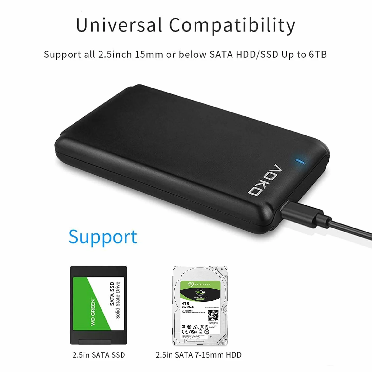 AOKO Obudowa dysku twardego SATA USB C 3,1 do 2,5" 7 mm do 15 mm (do grubości 15 mm), przenośny beznarzędziowy konwerter obudowy dysku twardego z podwójnym kablem USB-A na C Y i adapterem