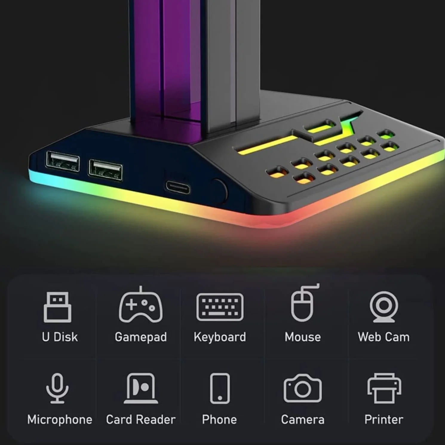 Stojak na słuchawki z oświetleniem RGB, podwójnym wyjściem USB i wejściem typu C, stojak na słuchawki dla graczy do wyświetlania i organizacji