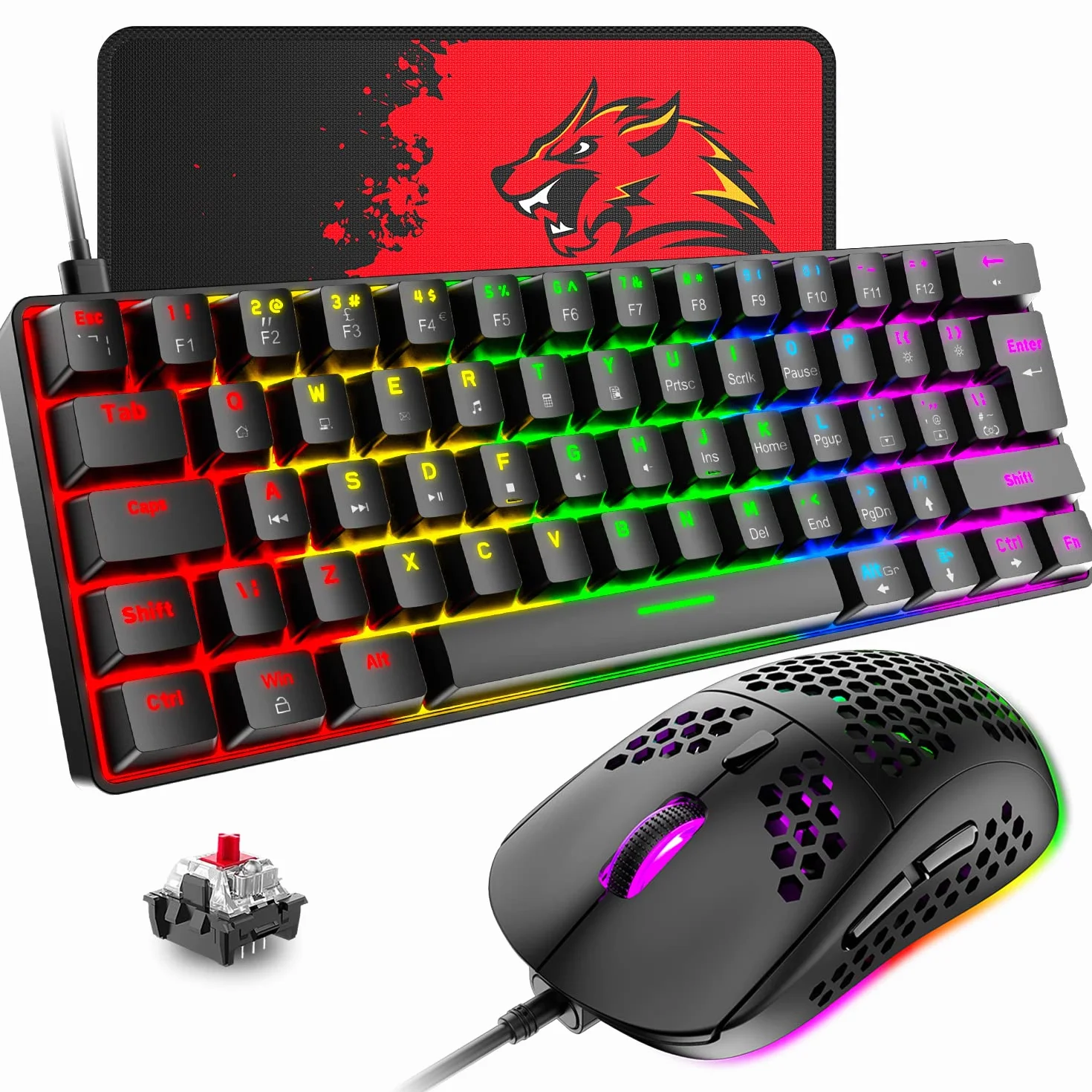 T60 Przewodowa Klawiatura i Mysz do Gier, Mini 60% kompaktowa Klawiatura Mechaniczna z 62 Keys, 19 Tęczowe światło LED, UK Layout + Mysz do Gier PS4 6400 DPI + Podkładka pod mysz - Red Switch/Czarny