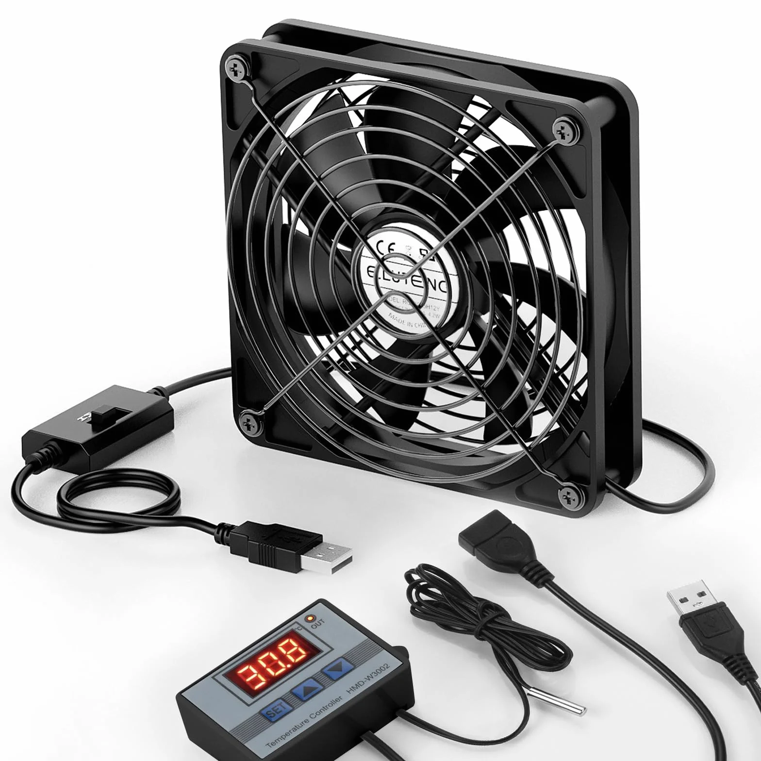 Wentylator USB ELUTENG 140 mm z cyfrowym regulatorem temperatury, wentylator komputerowy 14 cm Trzy prędkości regulowany wentylator chłodzący USB 5 V do PS5/PS4/laptopa/TV Boxa/Routera/odbiornika