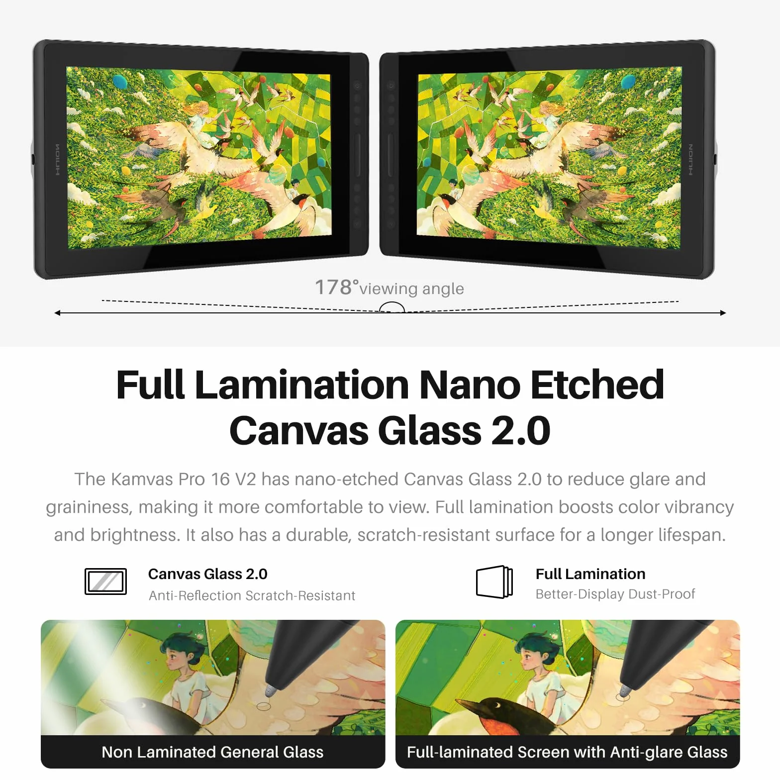 HUION Kamvas Pro 16 V2 tablet do rysowania z ekranem, 16K poziomów, PenTech 4.0, bez baterii, 15,6-calowy, w pełni laminowany, inteligentny pasek dotykowy i 6 klawiszy, artystyczny tablet