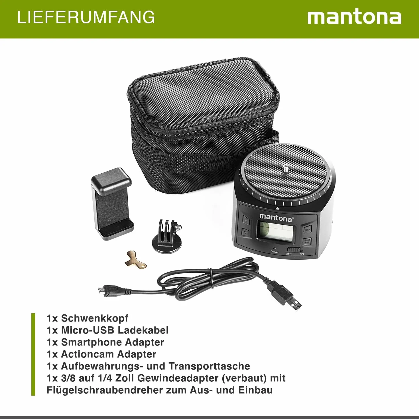 Mantona Turnaround 360 Advanced 3 Głowica Statywu z 2 Adapterami i Uchwytem na Smartfona, Czarny, 1 Sztuka