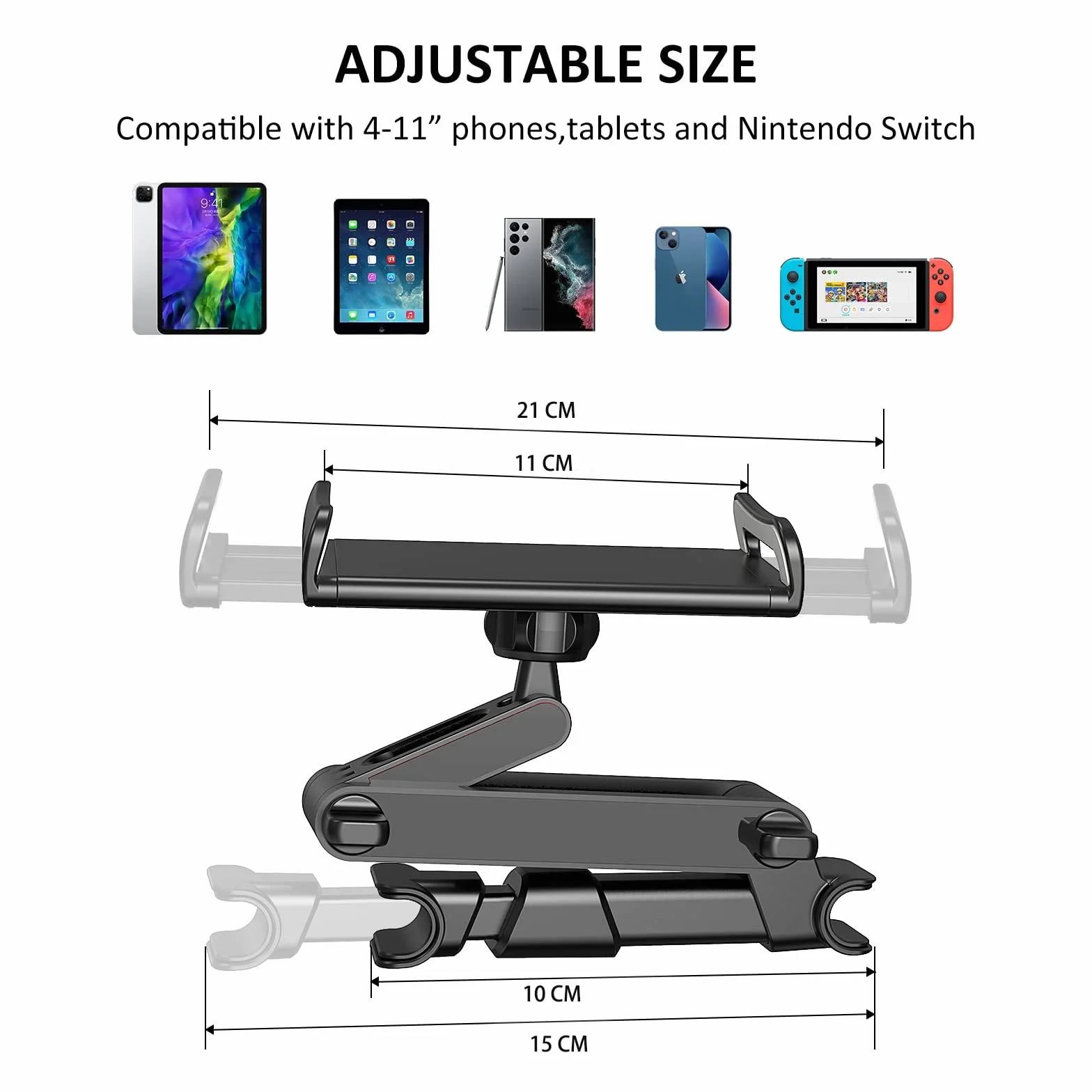 Uchwyt na tylne siedzenie samochodowe do tabletu/telefonu komórkowego,Kompatybilny ze wszystkimi 4"-11",telefonami komórkowymi,iPhone,iPad(czarny)