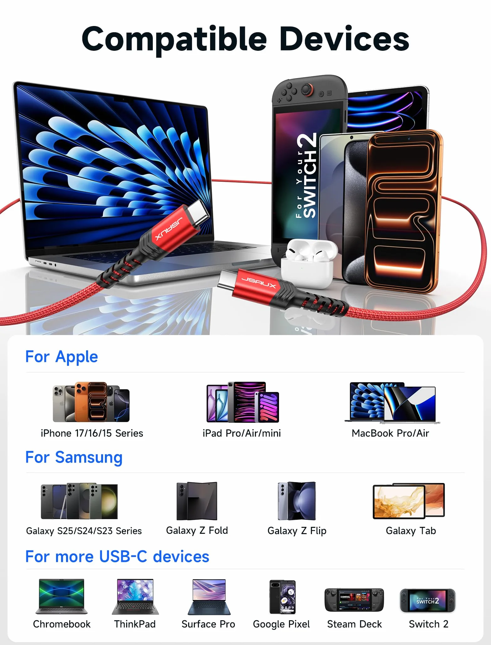 JSAUX Kabel USB C-USB C (2 szt., 1m+1m) 100W/5A, ładujący/szybki ład., kompatybilny z Nintendo Switch 2, iPhone 16/15 Pro Max, Samsung Galaxy S25/S24/A54, MacBook, iPad Pro Air – czerwony